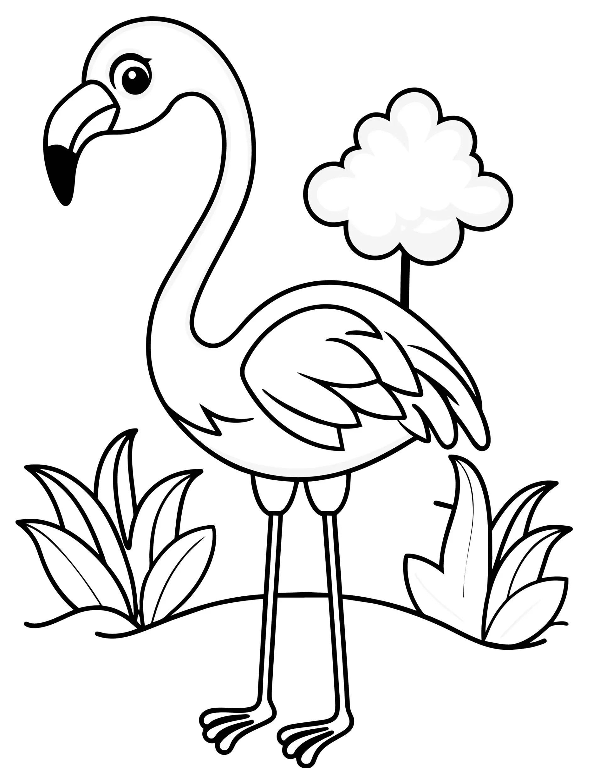 Ausmalbild Flamingo steht neben Pflanzen und einem Baum