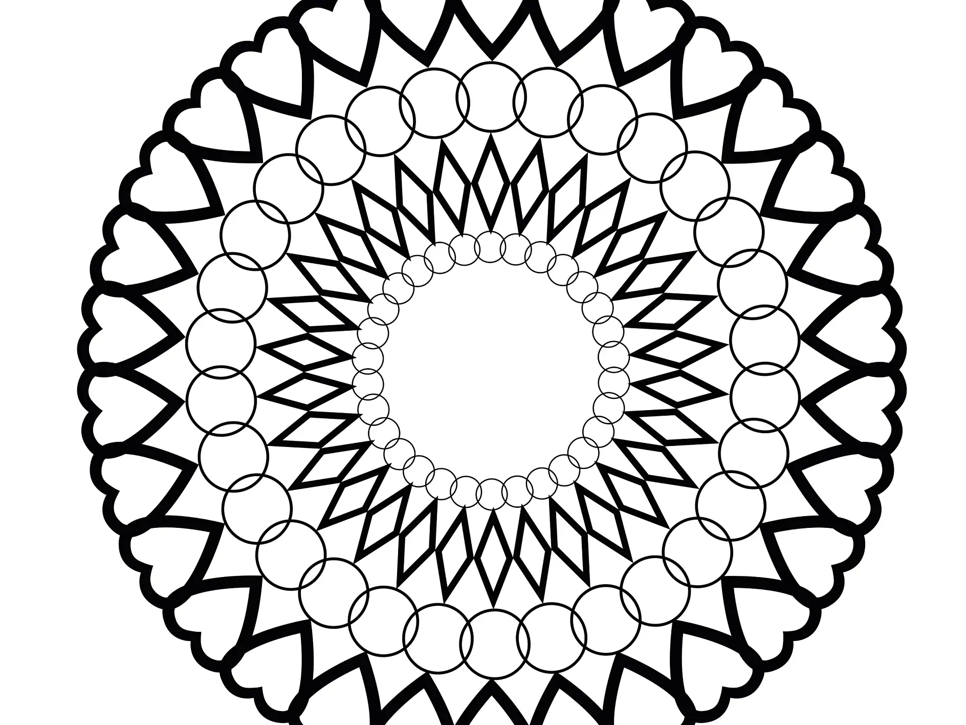 Ausmalbild Mandala mit Herzen und Kreisen