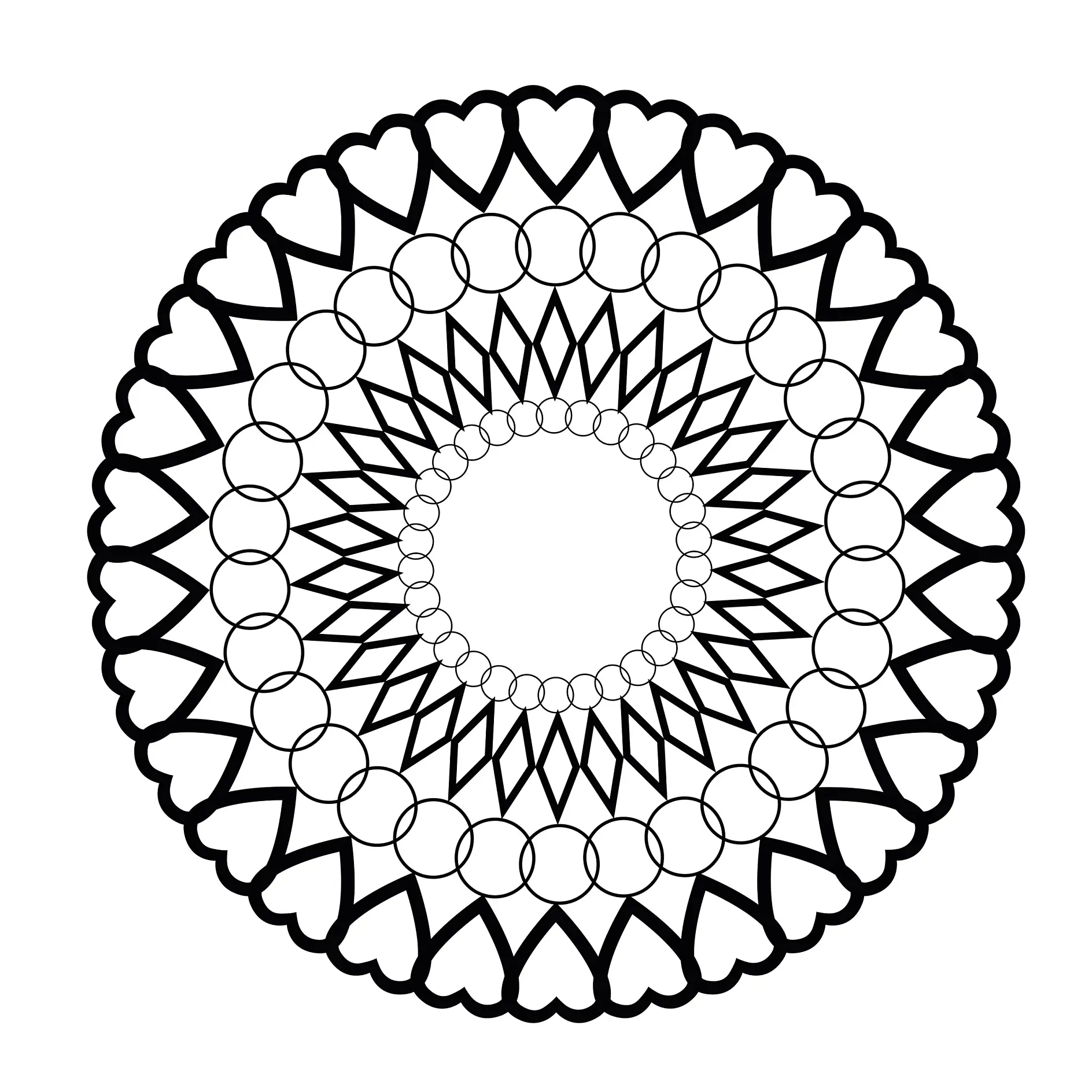 Ausmalbild Mandala mit Herzen und Kreisen