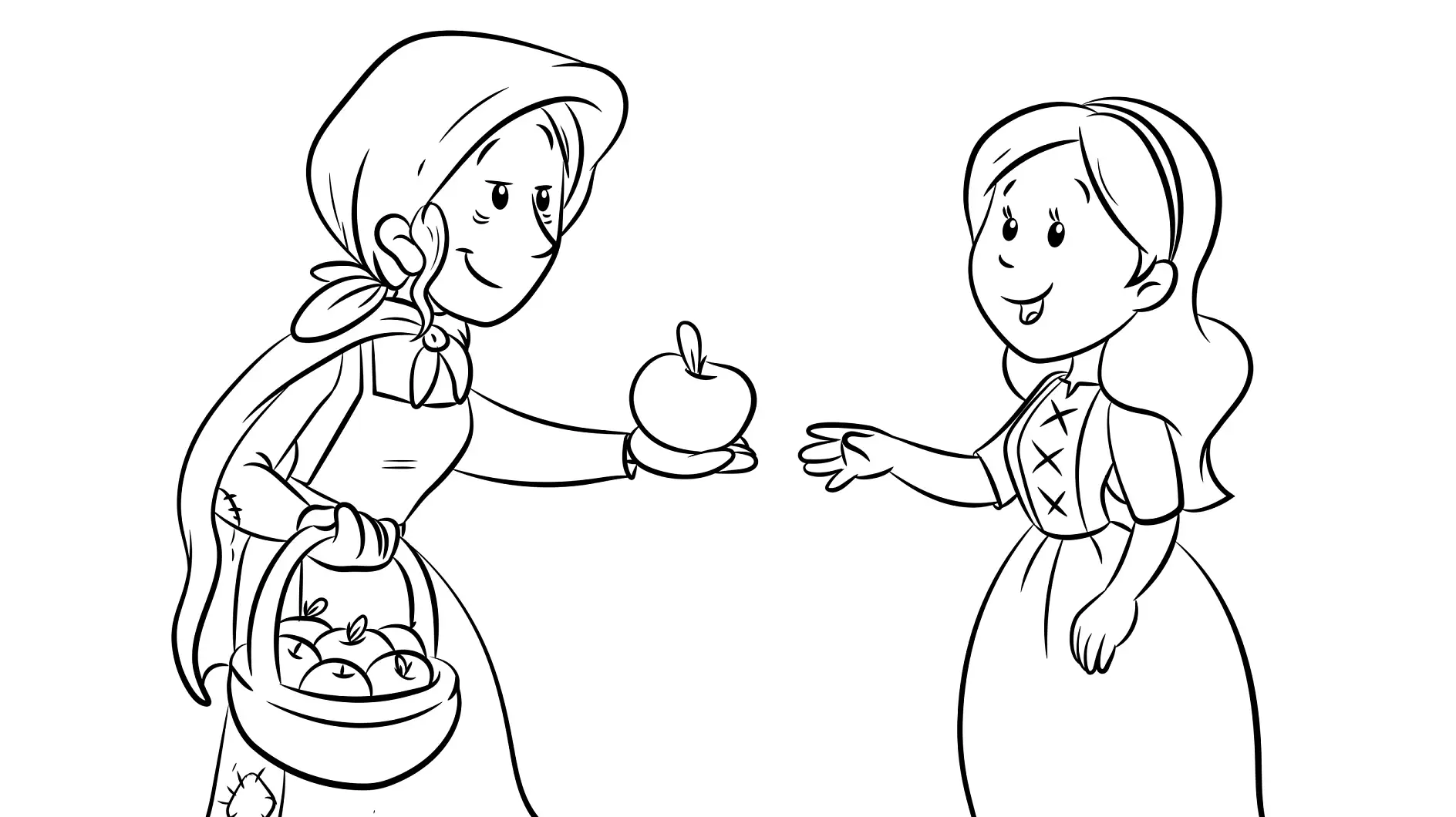 Ausmalbild Schneewittchen nimmt vergifteten Apfel von der Stiefmutter an