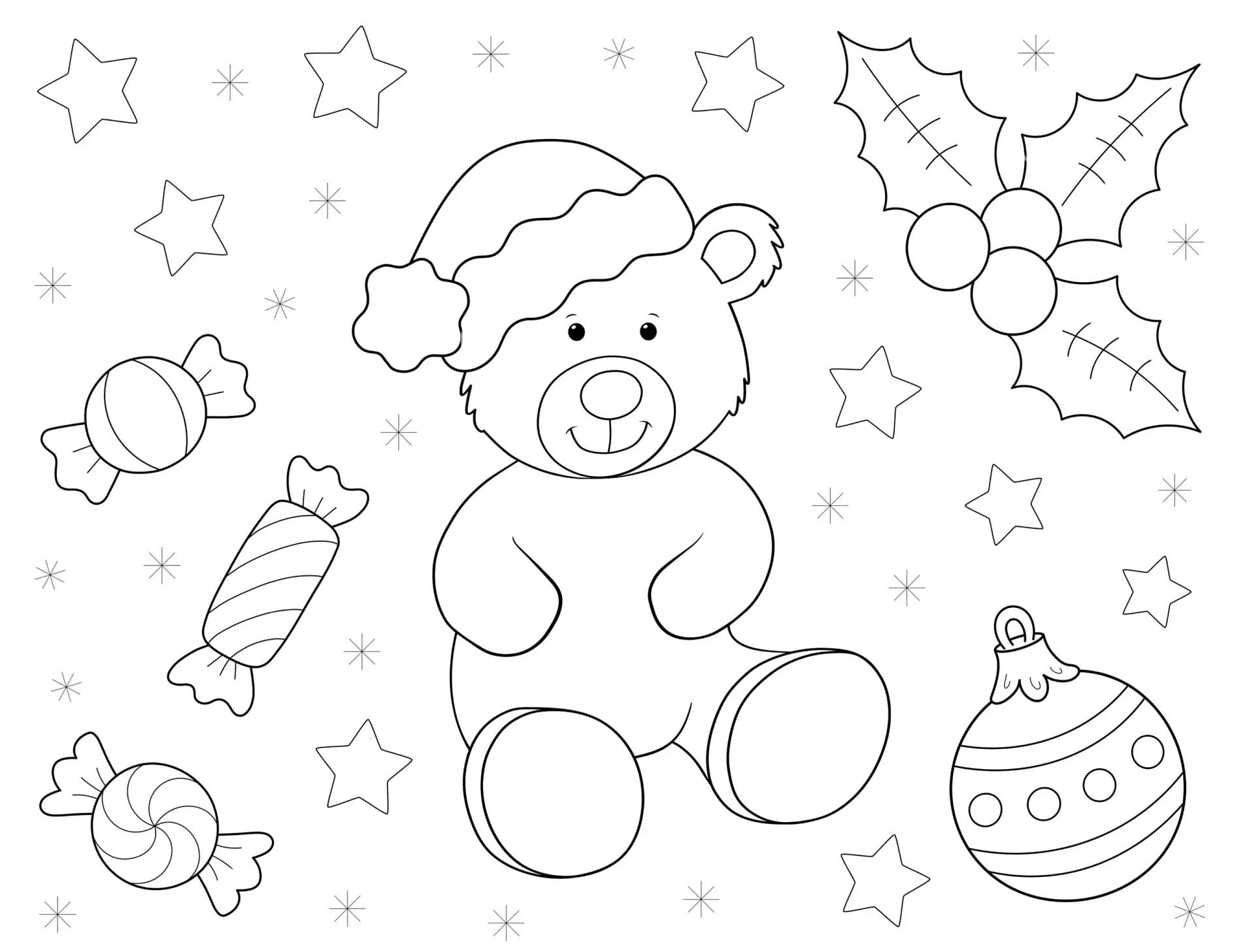 Ausmalbild Bär mit Weihnachtsmütze und Weihnachtsdekoration