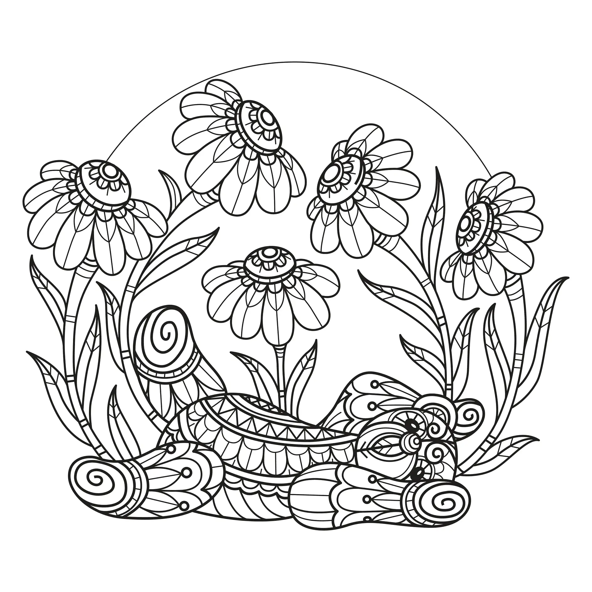 Ausmalbild Mandala Bär mit Blumen und Dekorationen
