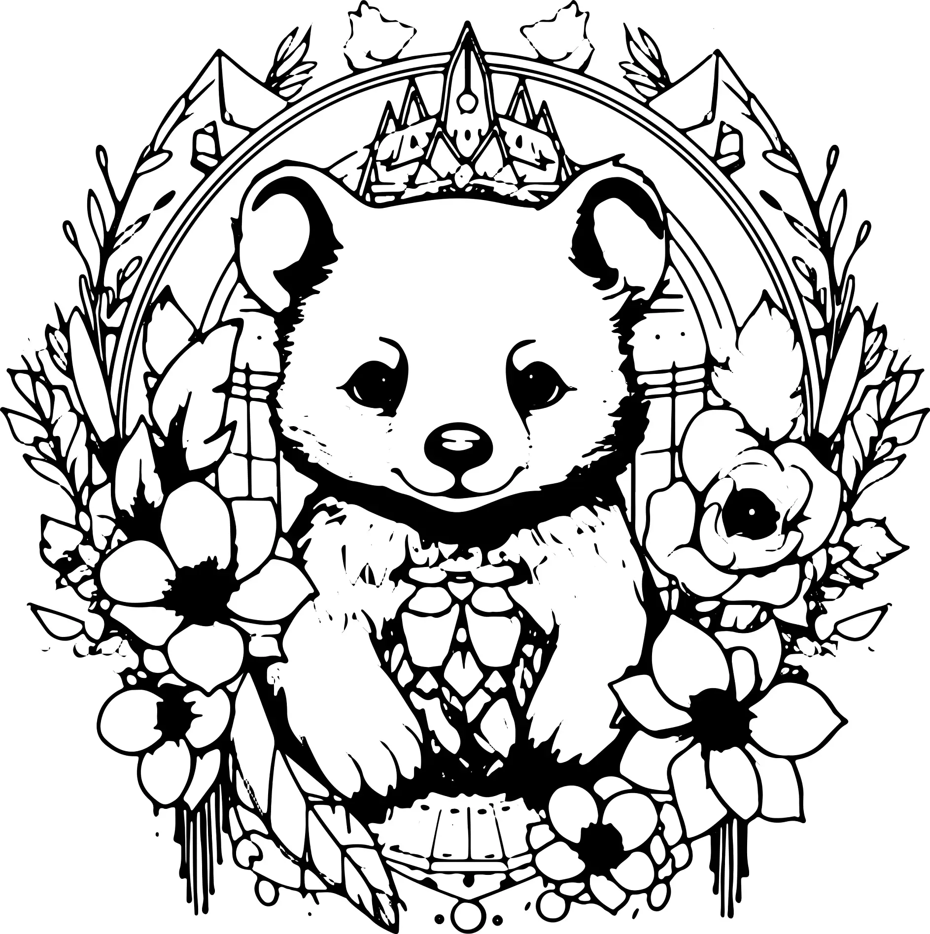 Ausmalbild Mandala Bär mit Blumen und Krone