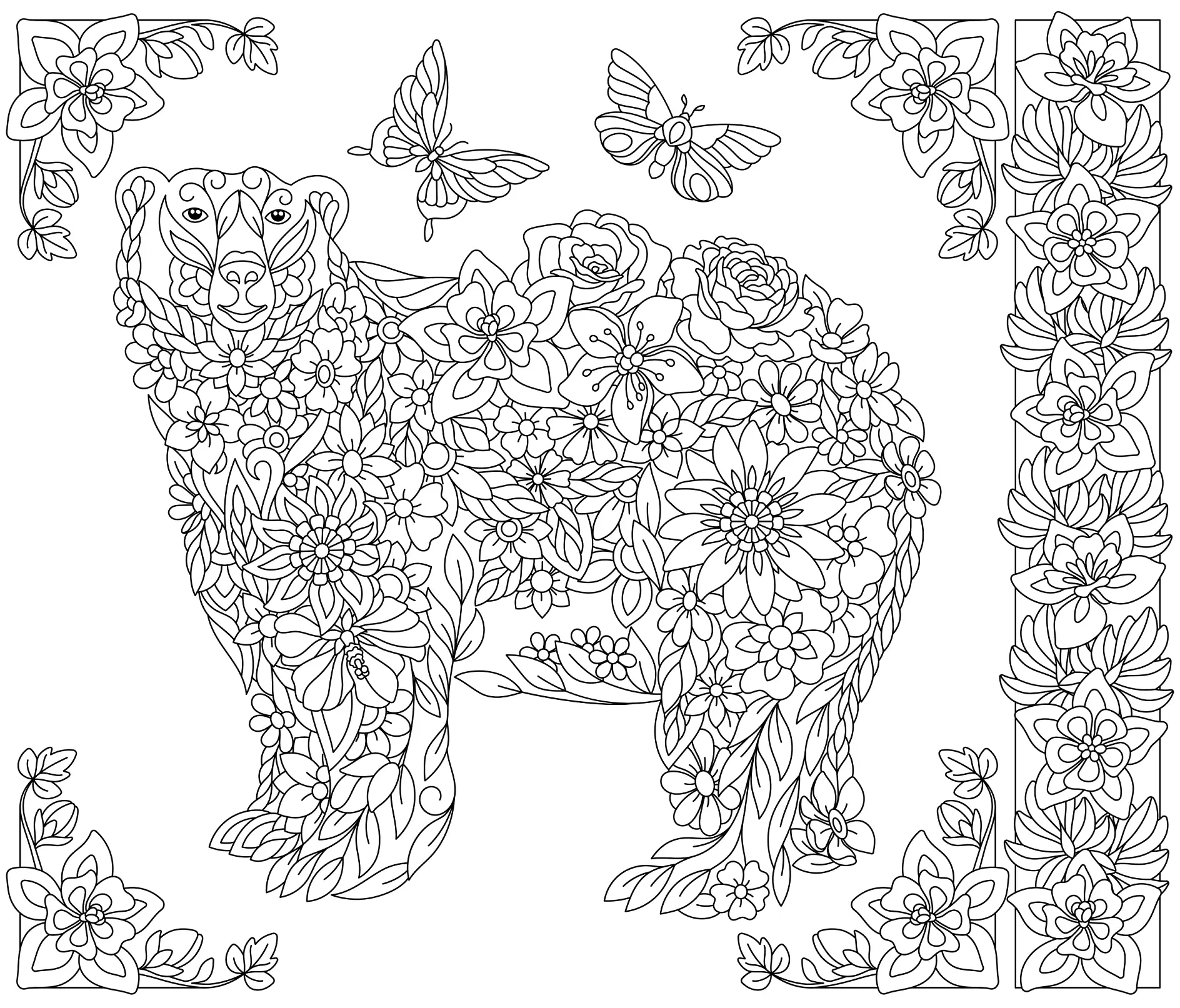Ausmalbild Mandala Bär mit Blumenmuster und Schmetterlingen