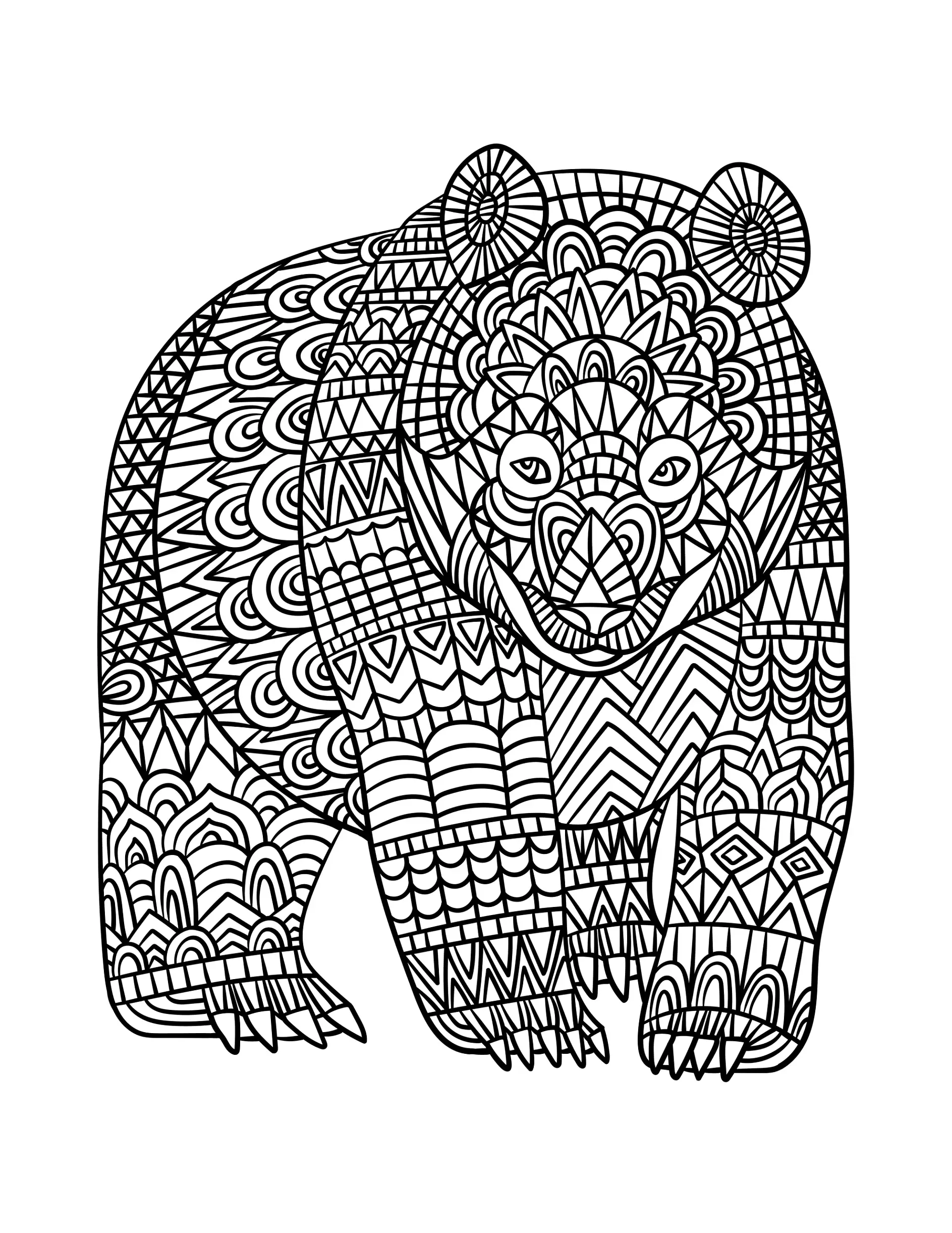 Ausmalbild Mandala Bär mit geometrischem Muster