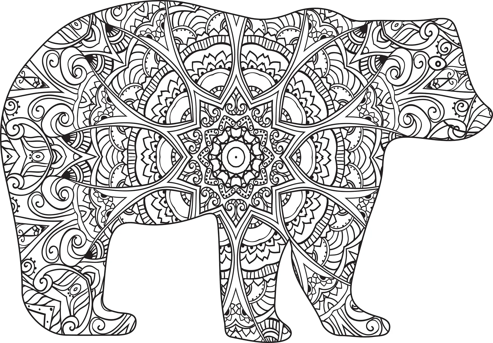 Ausmalbild Mandala Bär mit symmetrischen Mustern