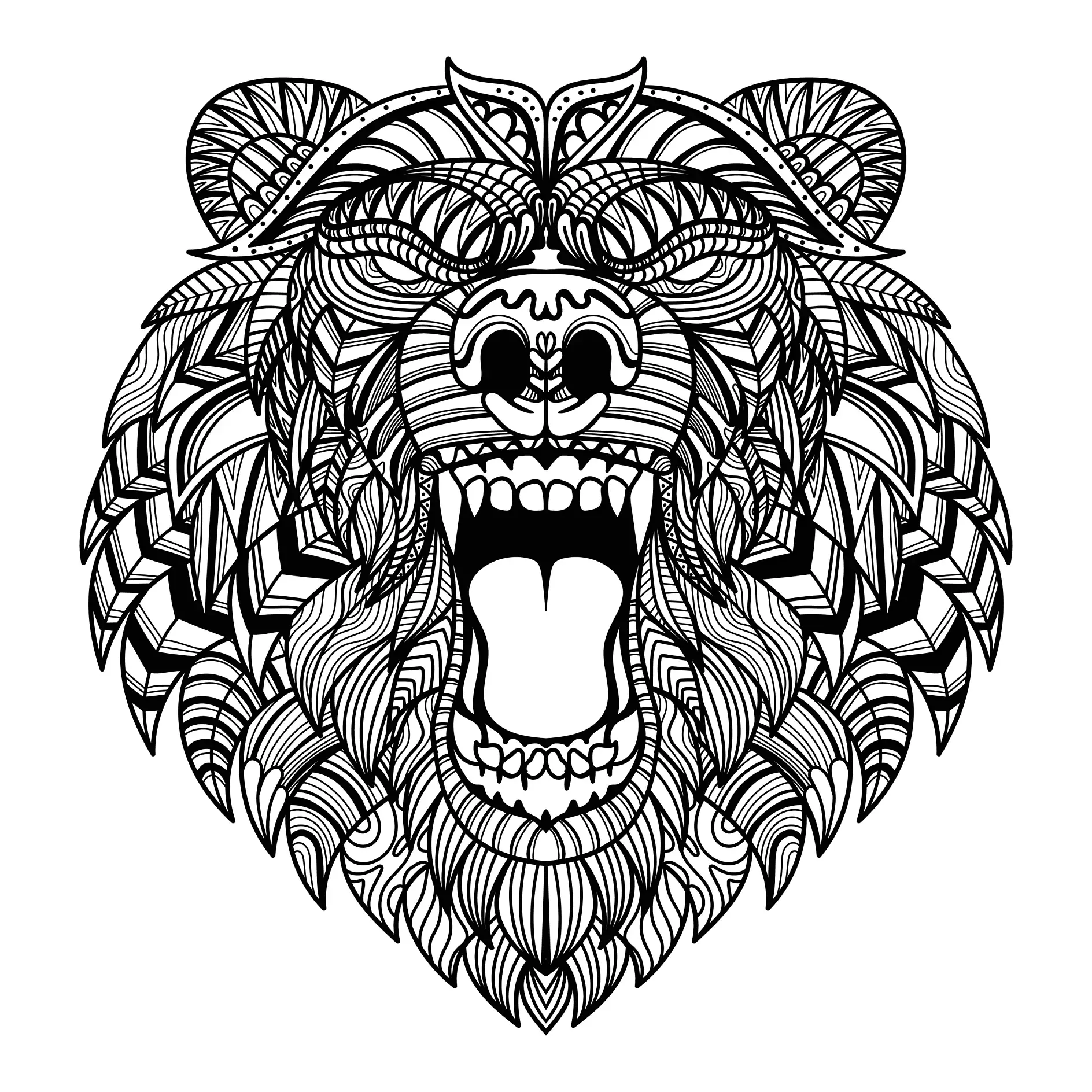 Ausmalbild Mandala Bärenkopf mit geometrischen Mustern