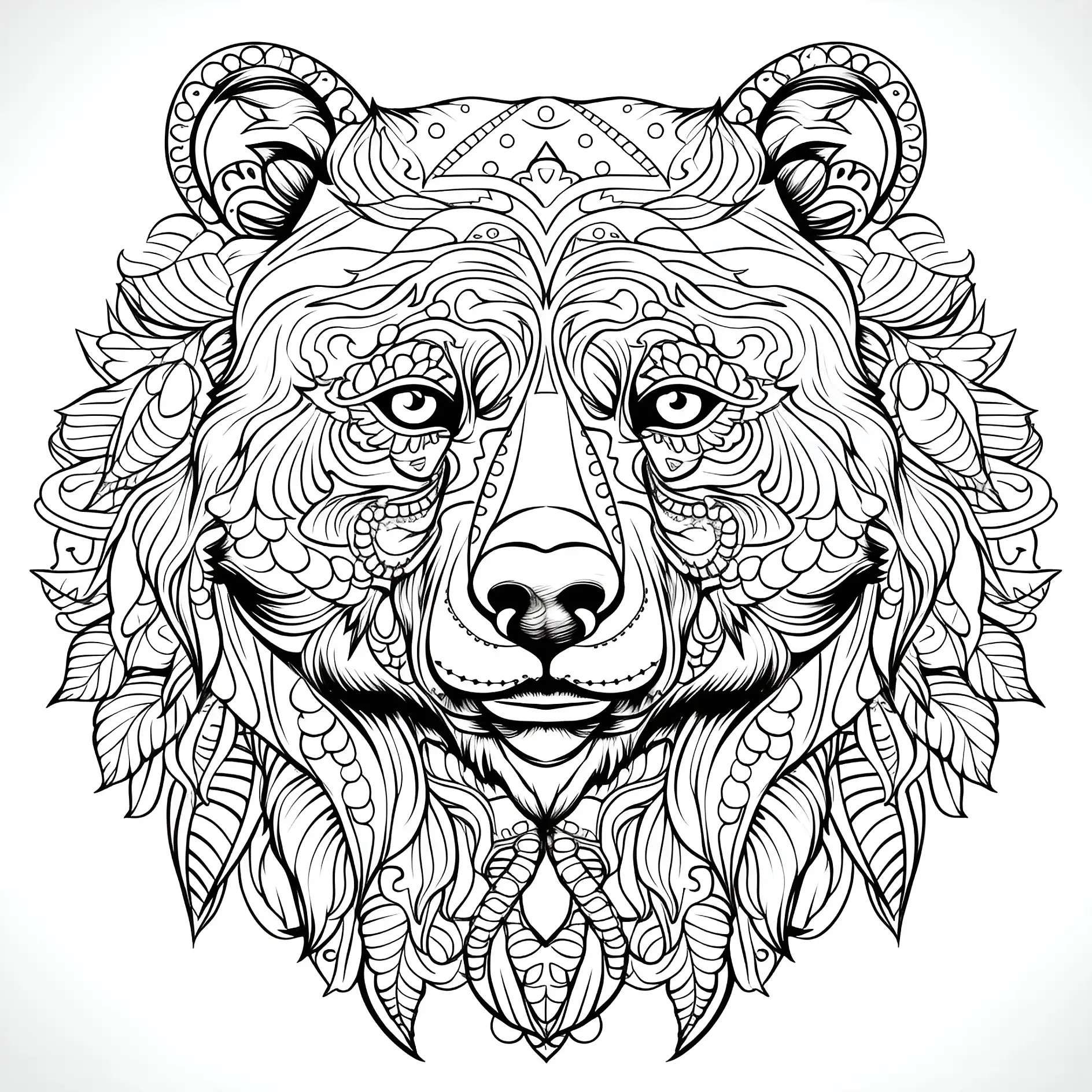 Ausmalbild Mandala Bärenkopf mit Verzierungen