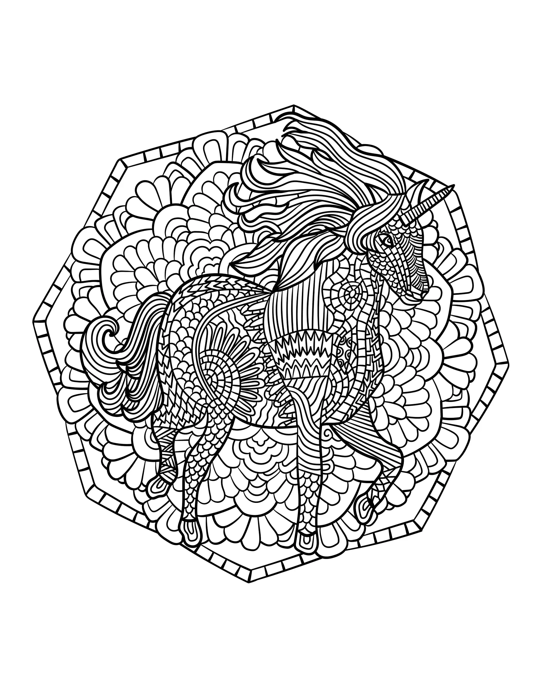 Ausmalbild Mandala Einhorn mit detailliertem Muster