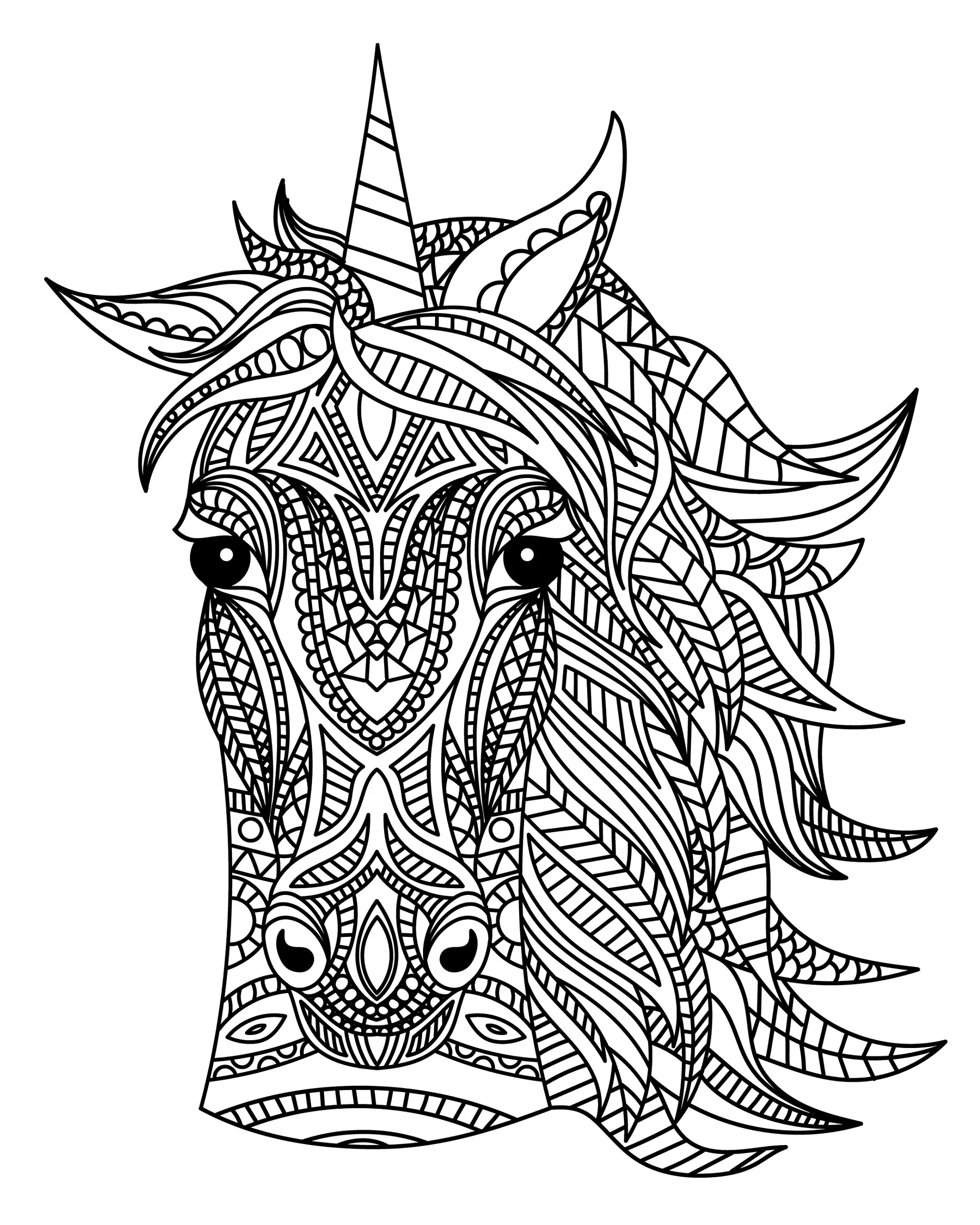 Ausmalbild Mandala Einhorn mit detaillierten Mustern