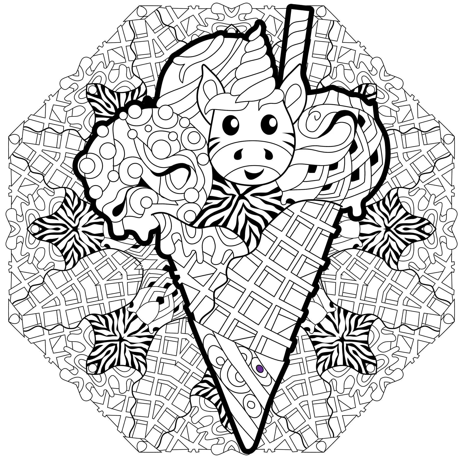 Ausmalbild Mandala Einhorn mit Eistüten