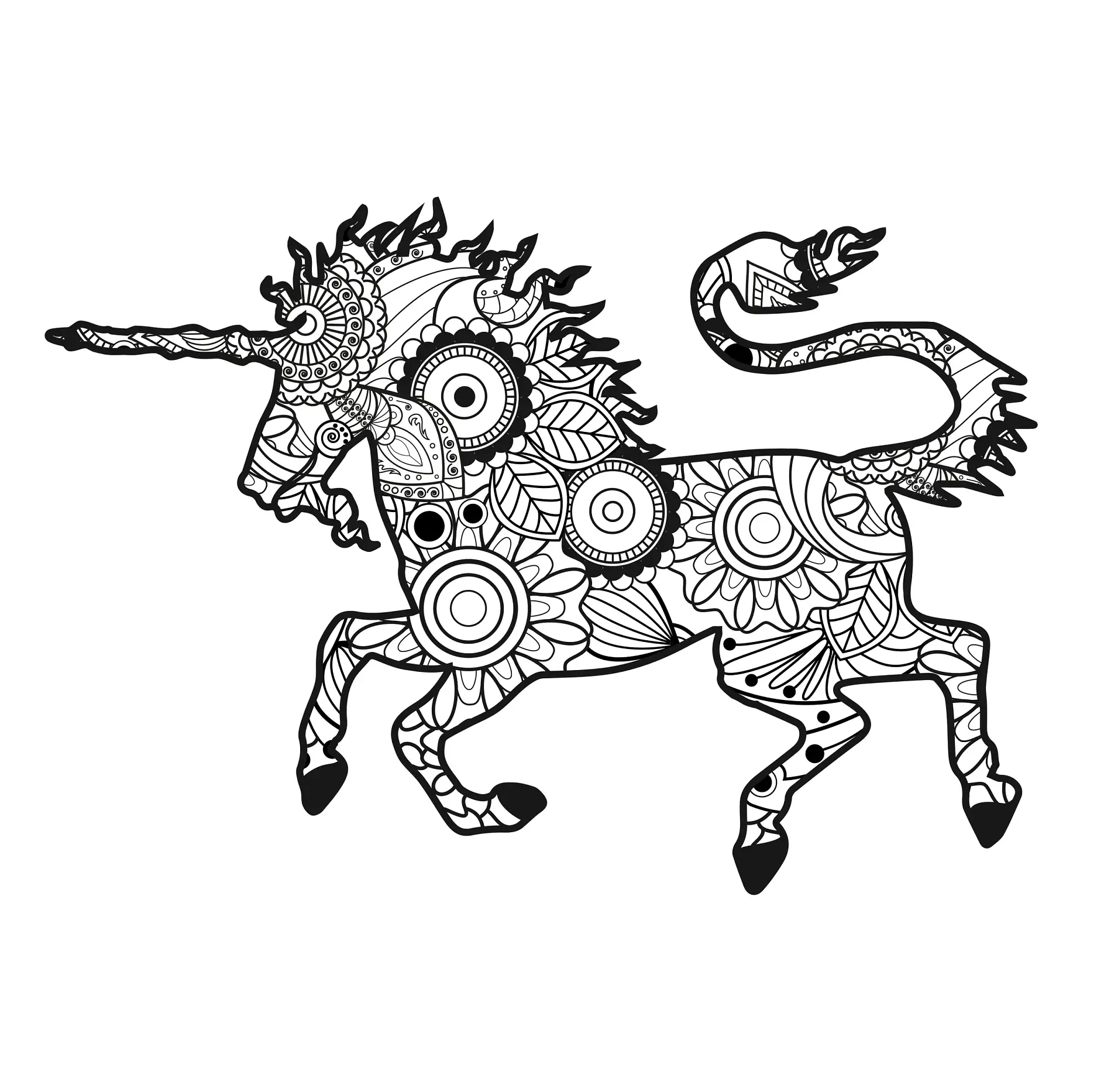Ausmalbild Mandala Einhorn mit filigranen Mustern
