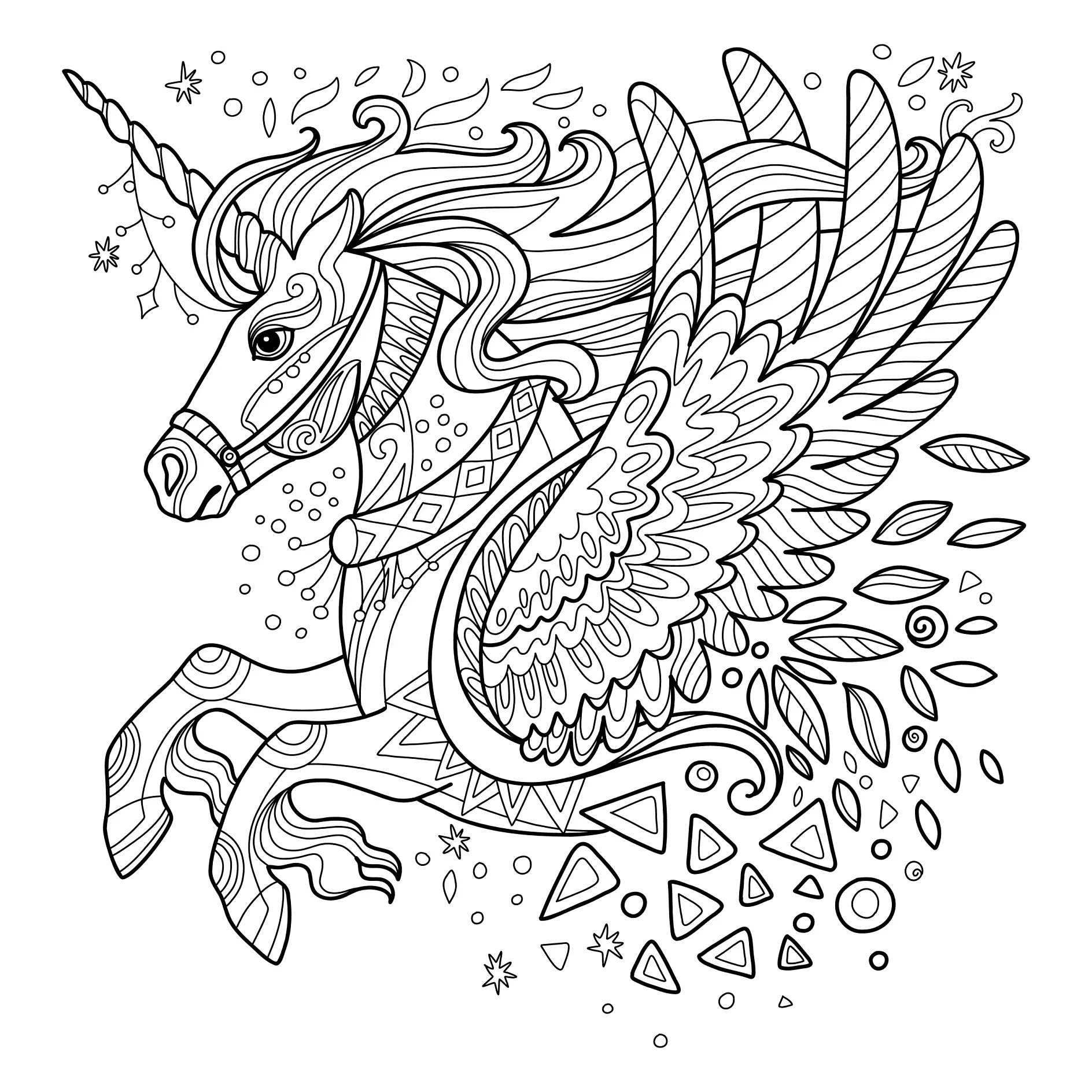 Ausmalbild Mandala Einhorn mit Flügeln und abstrakten Mustern