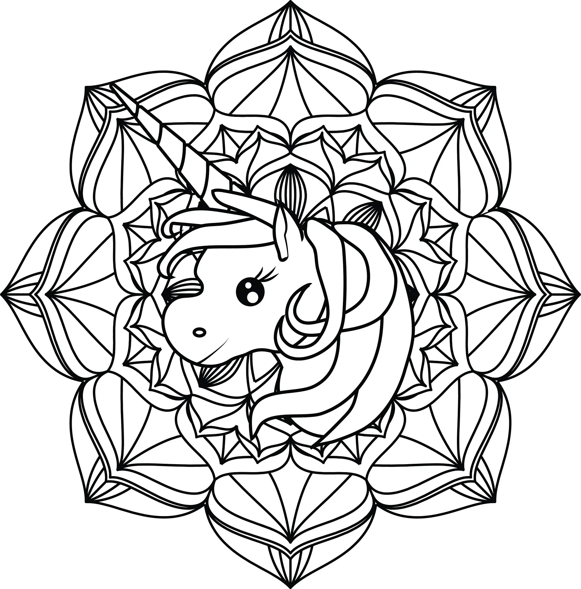 Ausmalbild Mandala Einhorn mit geometrischen Mustern