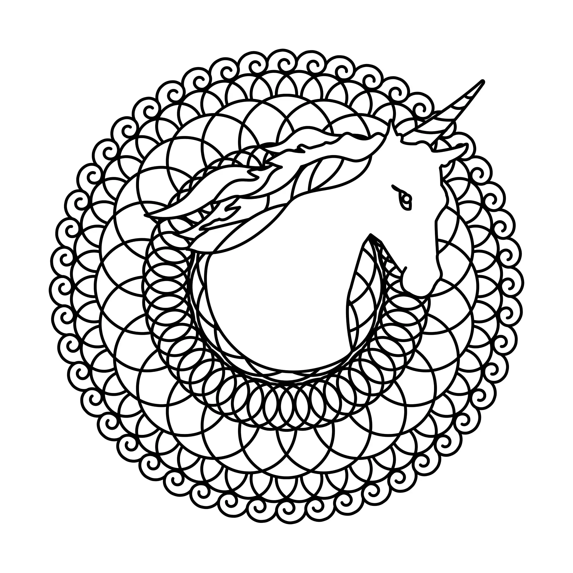 Ausmalbild Mandala Einhorn mit kreisförmigen Mustern