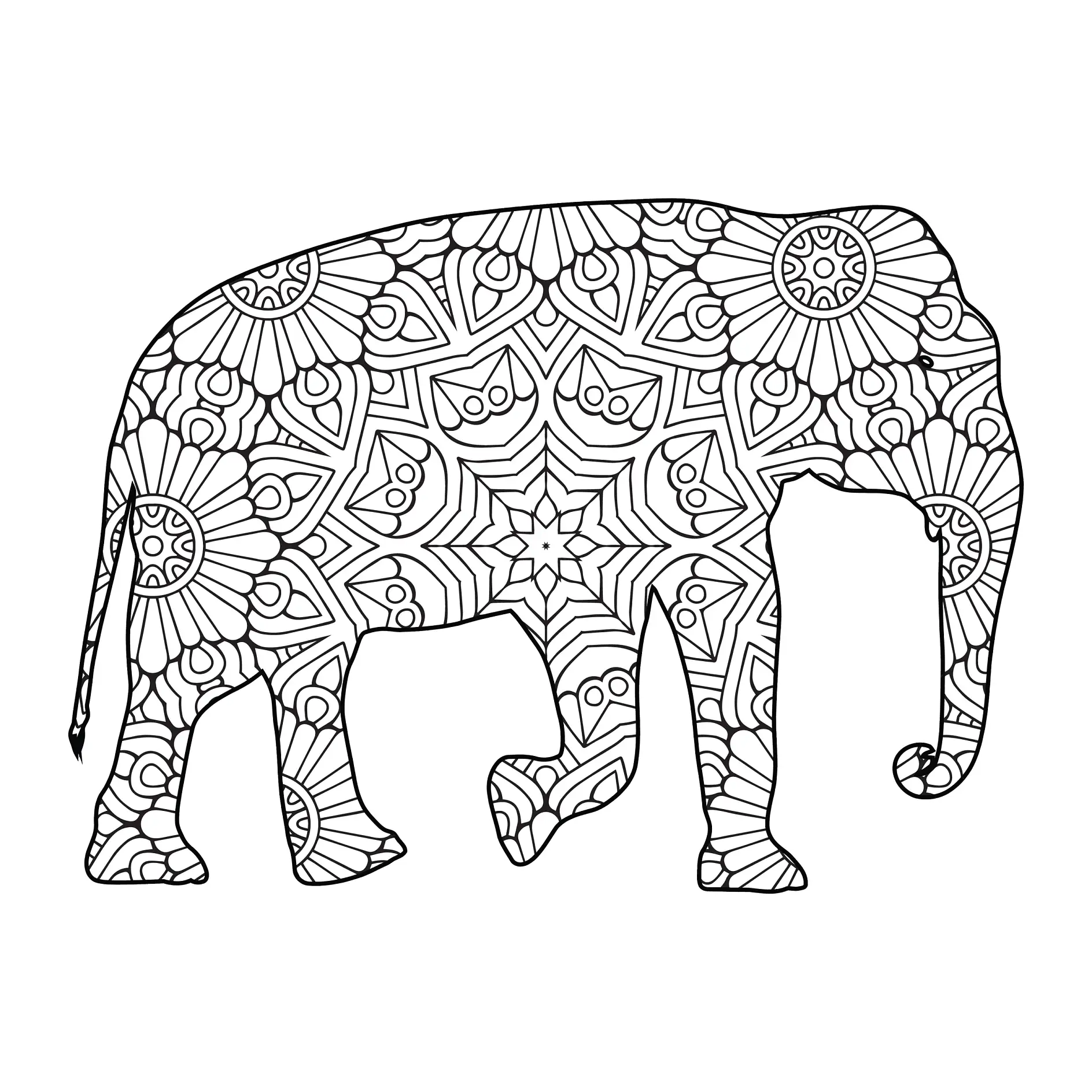 Ausmalbild Mandala Elefant mit Blumenmustern und geometrischen Formen