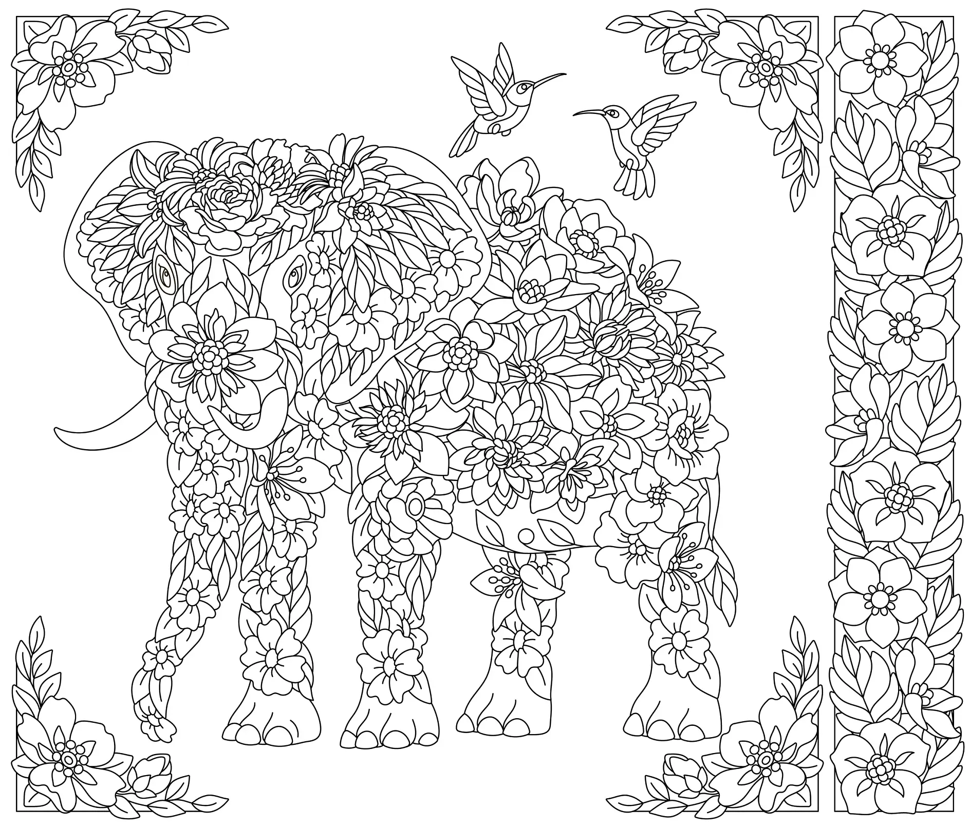 Ausmalbild Mandala Elefant mit Blumenmustern und Kolibris und dekorativem Rahmen