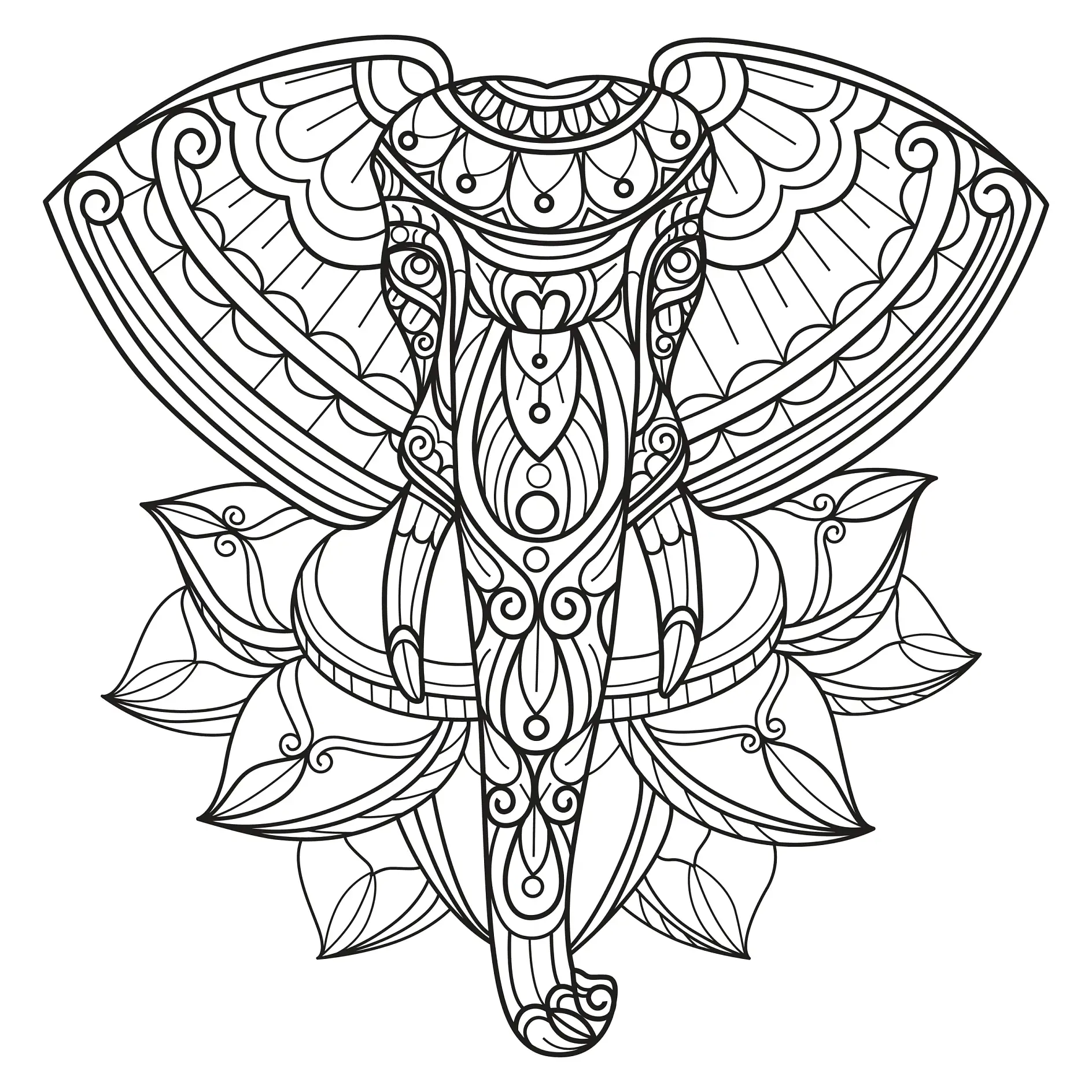 Ausmalbild Mandala Elefant mit dekorativem Muster
