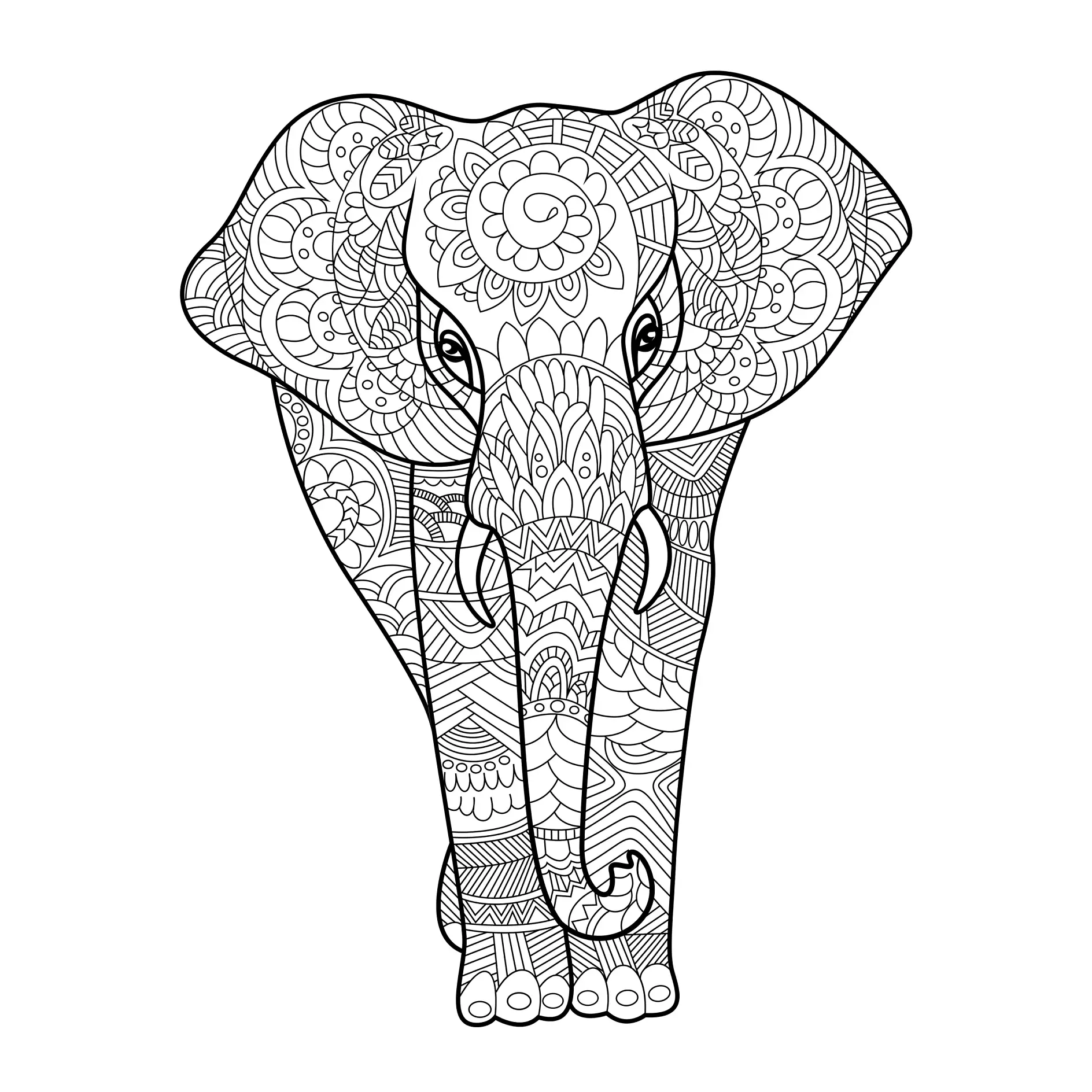 Ausmalbild Mandala Elefant mit dekorativen floralen Mustern
