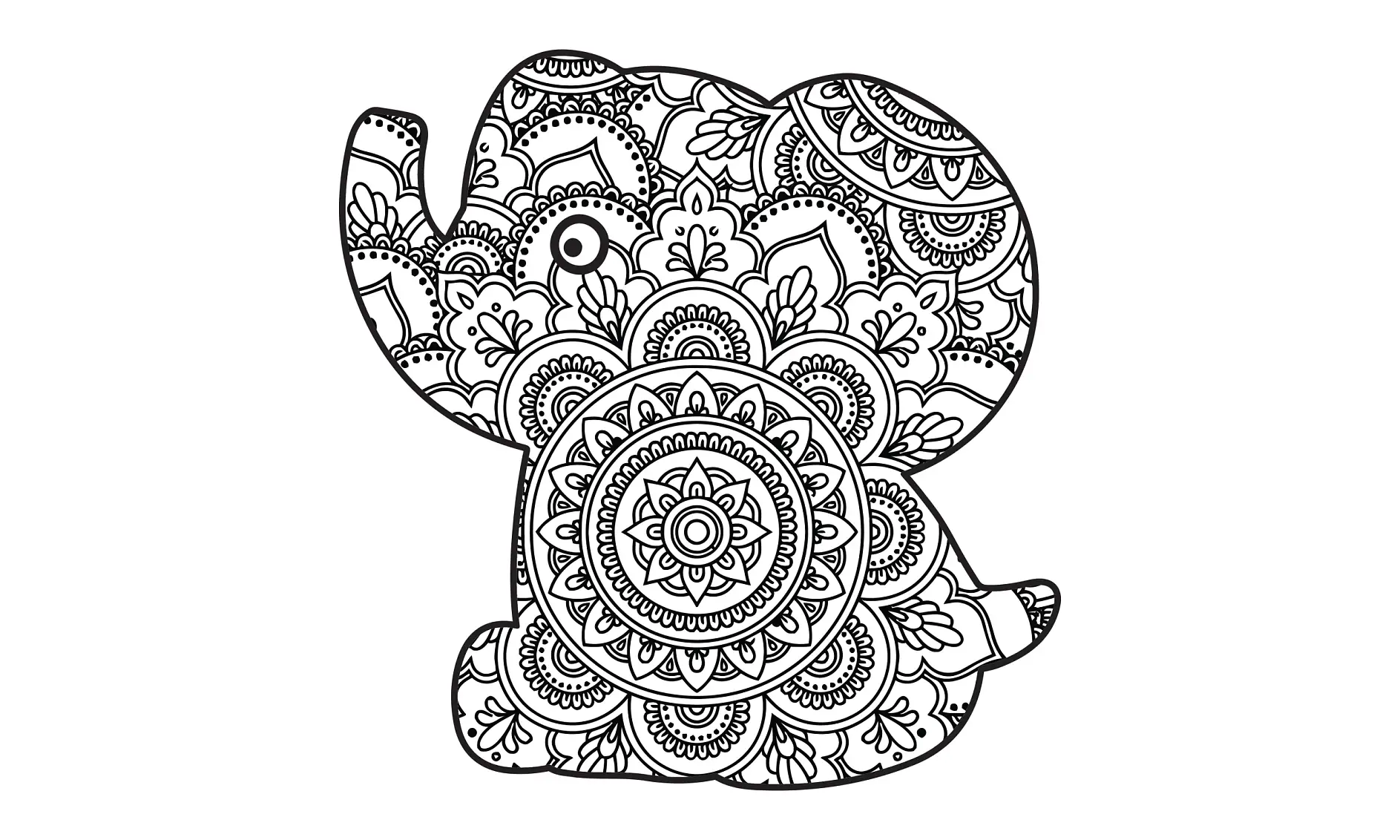 Ausmalbild Mandala Elefant mit dekorativen Mustern und Blumenornamenten