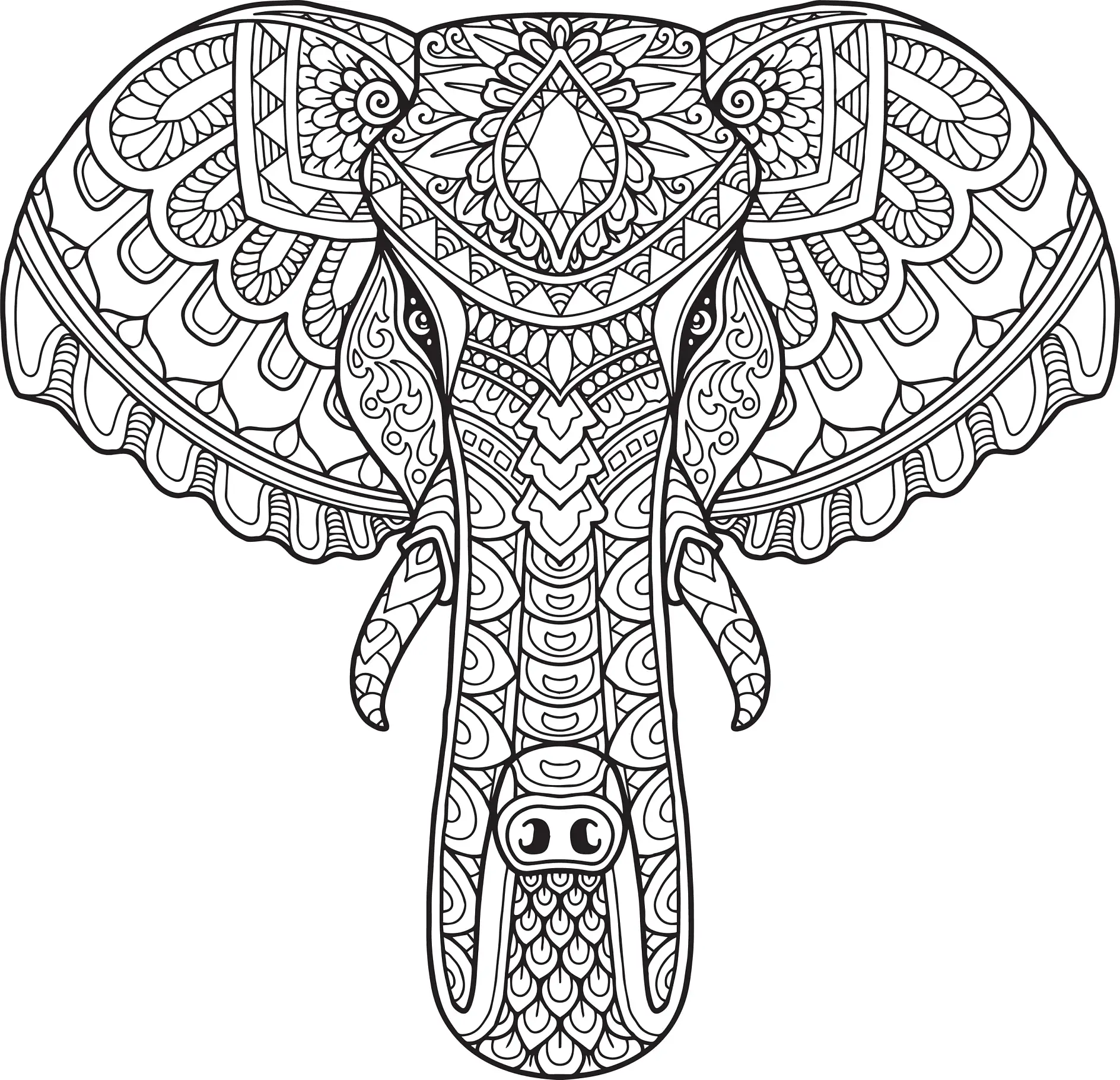 Ausmalbild Mandala Elefant mit dekorativen Mustern