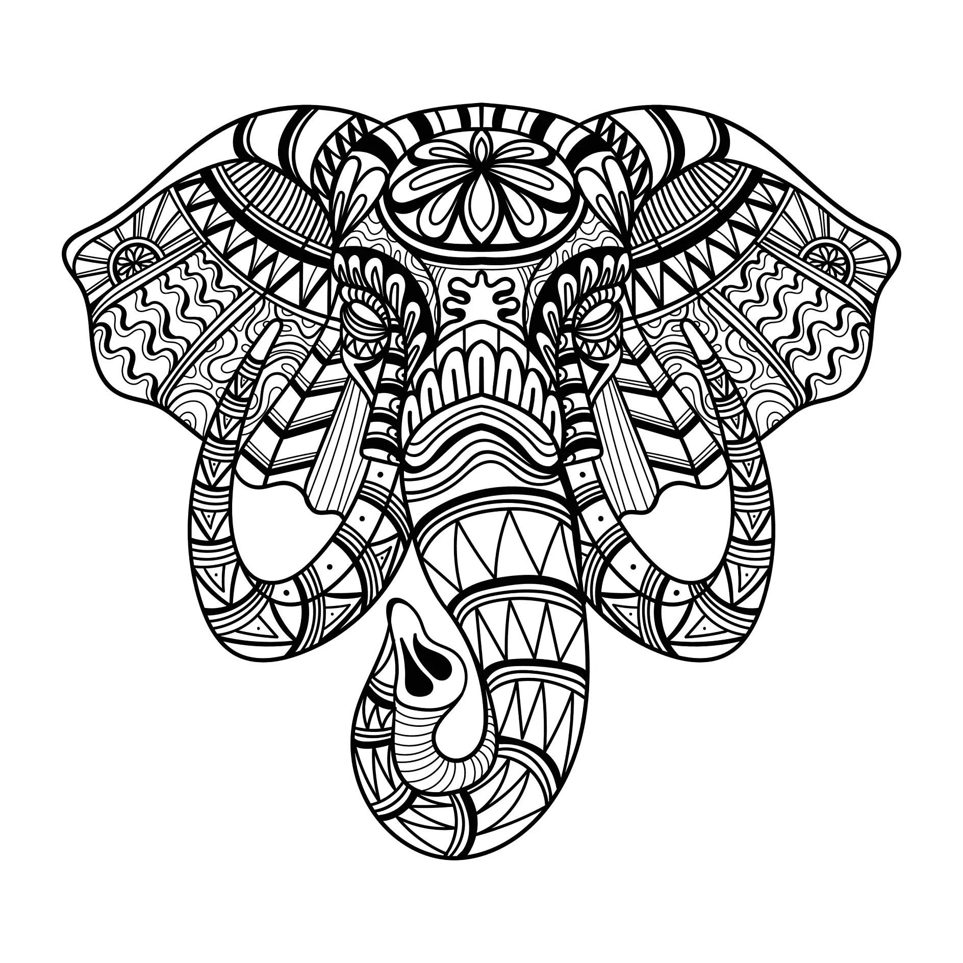 Ausmalbild Mandala Elefant mit detaillierten Mustern und dekorativen Ornamenten
