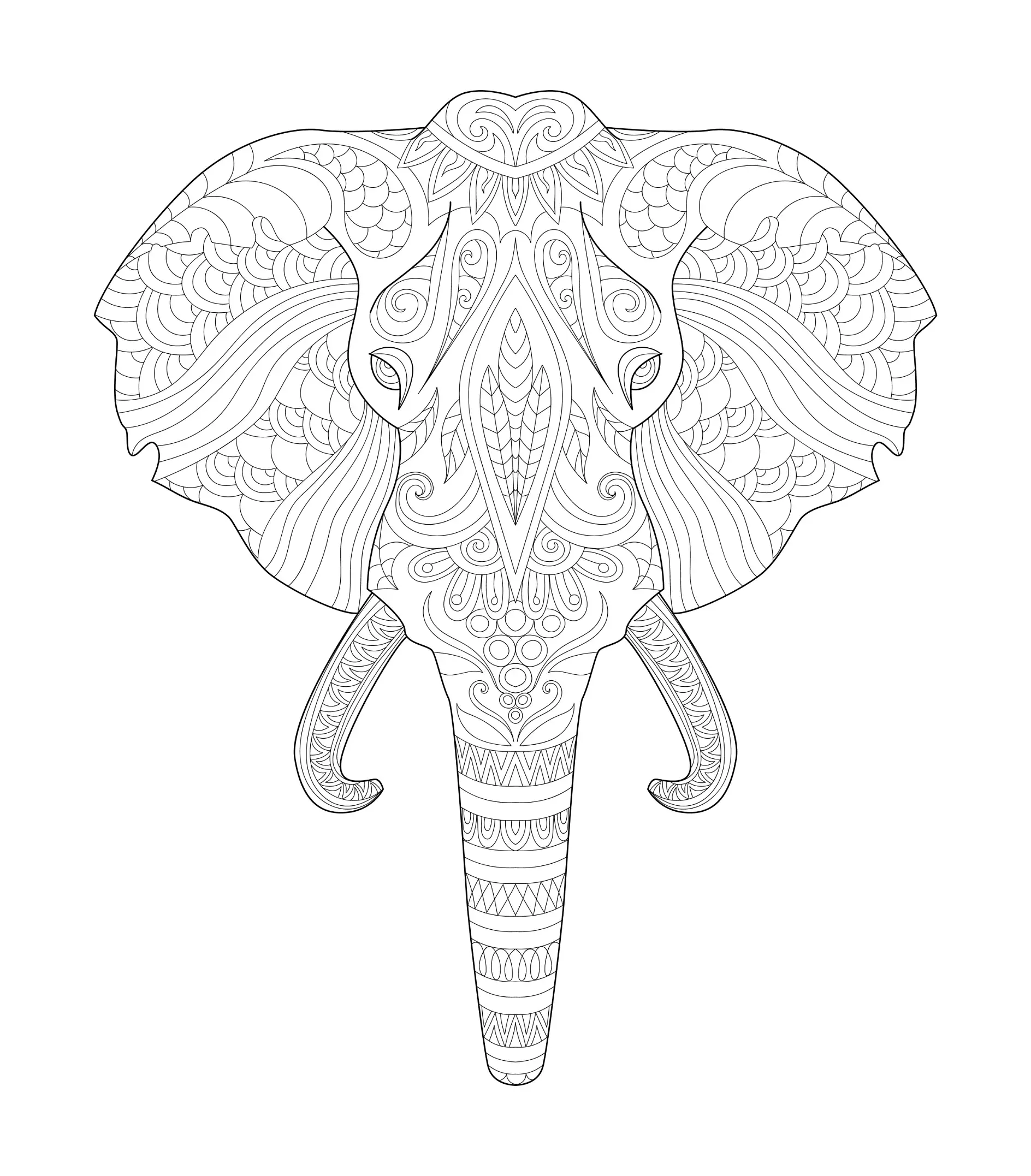 Ausmalbild Mandala Elefant mit detaillierten Mustern