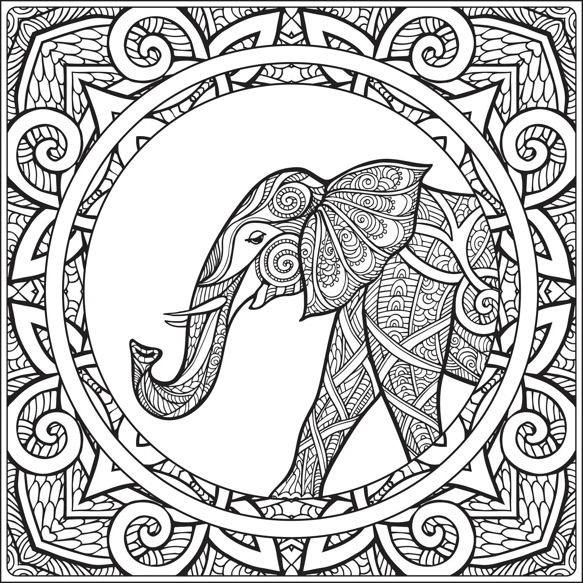 Ausmalbild Mandala Elefant mit detaillierten Ornamenten und geometrischen Mustern