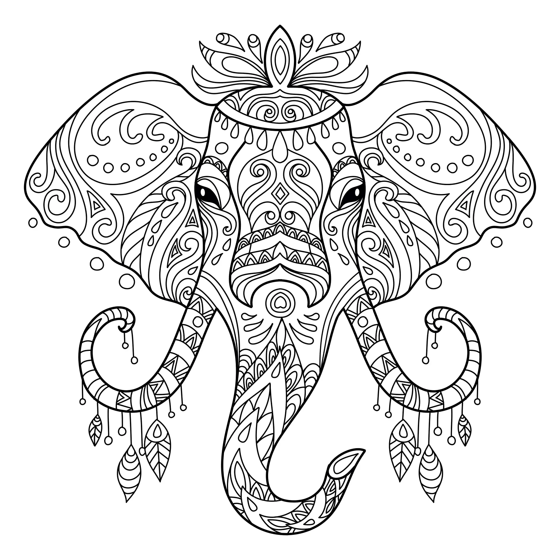 Ausmalbild Mandala Elefant mit detaillierten Ornamenten und hängenden Verzierungen