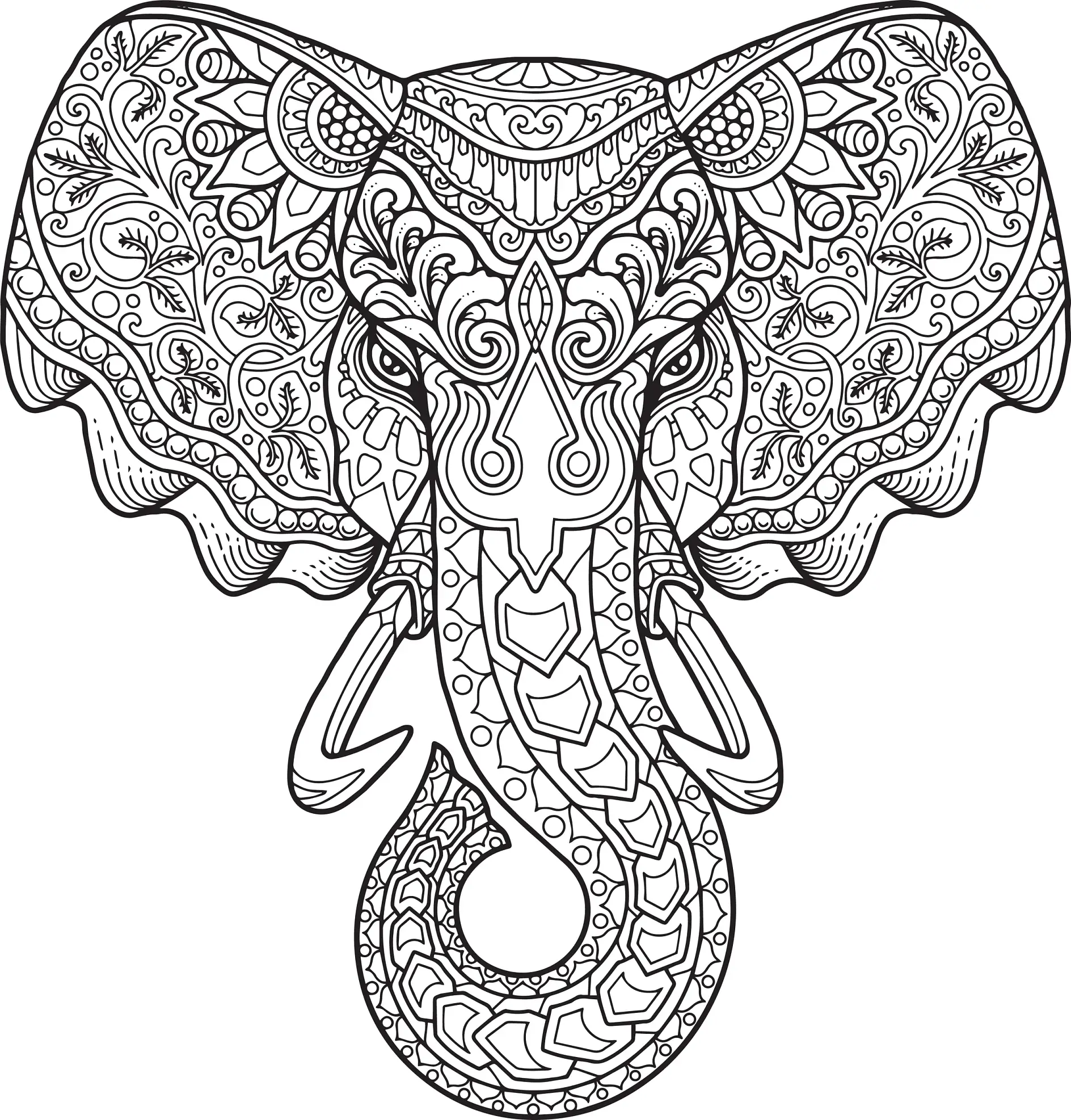 Ausmalbild Mandala Elefant mit detaillierten Ornamenten und verschnörkelten Mustern