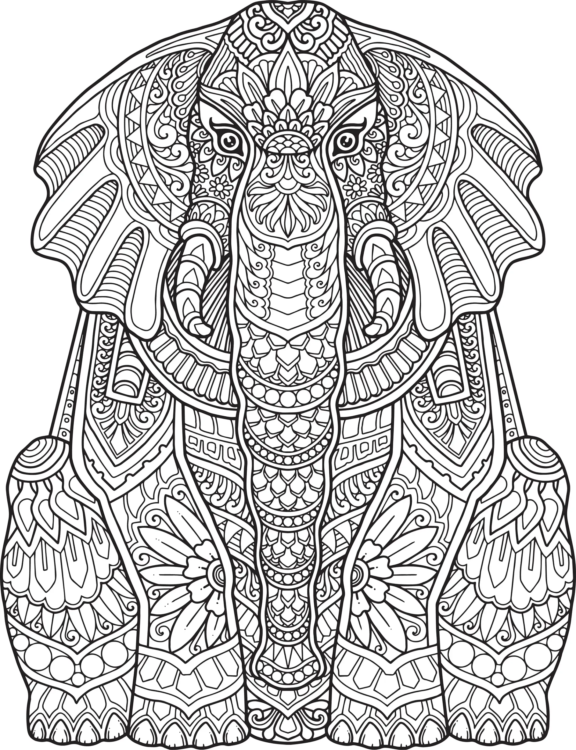 Ausmalbild Mandala Elefant mit detaillierten Ornamenten und Verzierungen