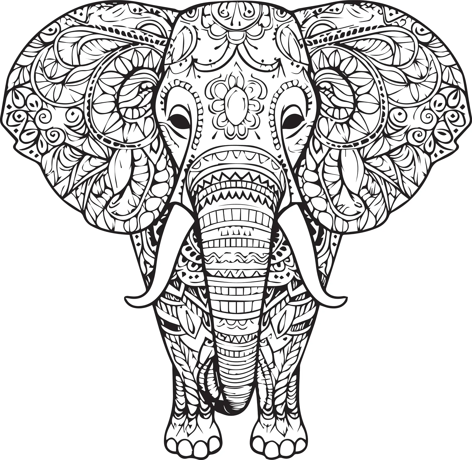 Ausmalbild Mandala Elefant mit detaillierten Ornamenten