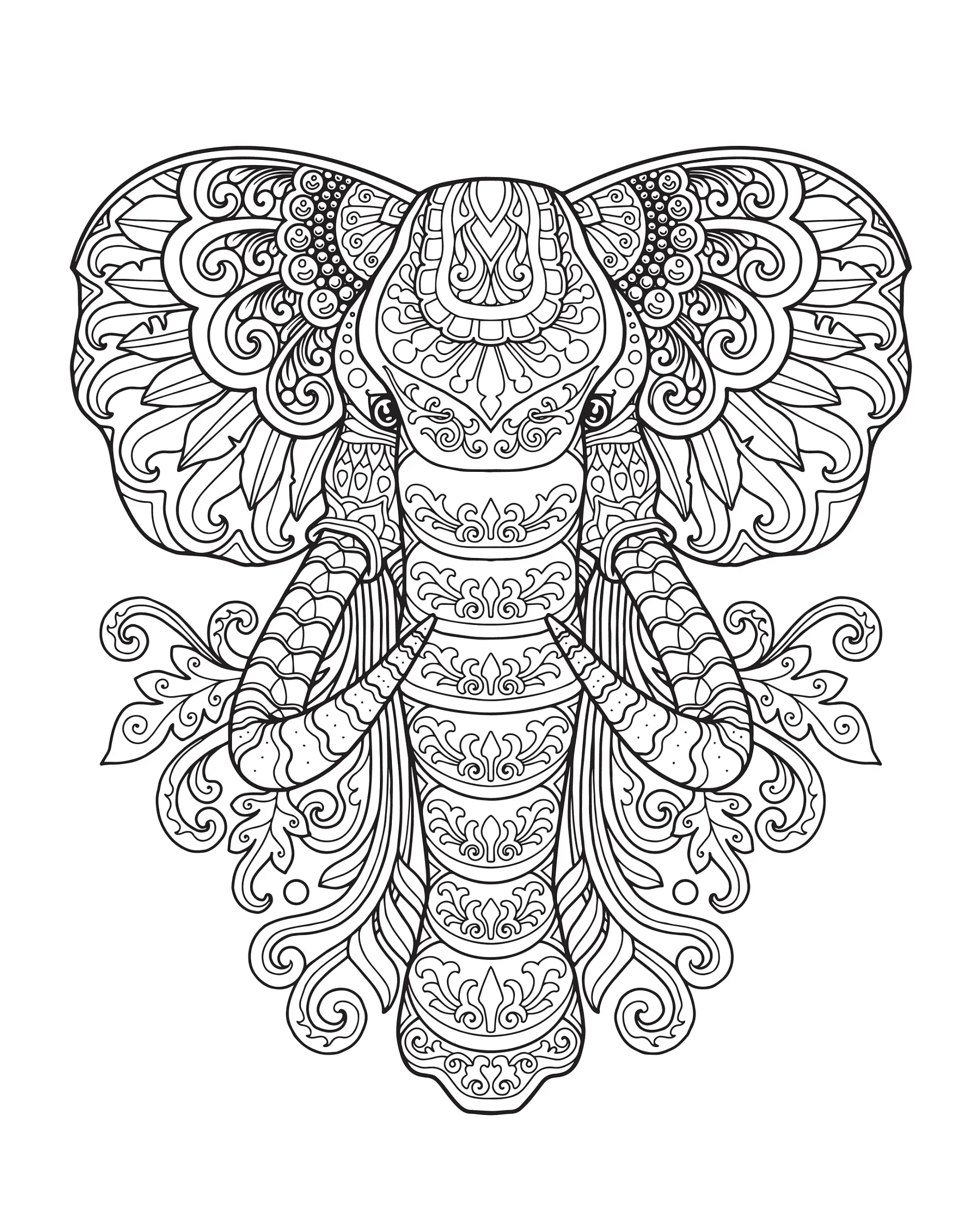 Ausmalbild Mandala Elefant mit detaillierten Verzierungen und Blumenornamenten