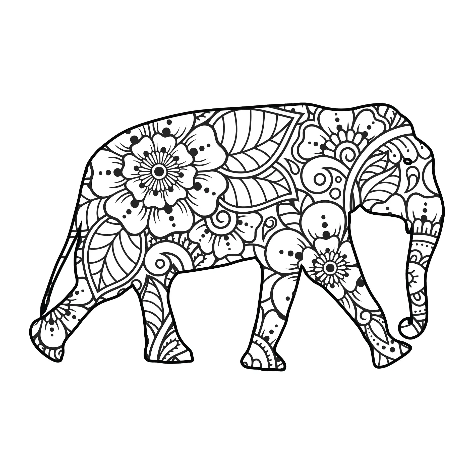 Ausmalbild Mandala Elefant mit floralen Mustern