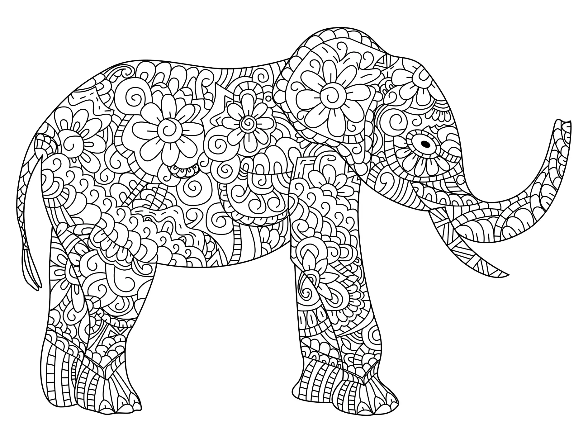 Ausmalbild Mandala Elefant mit floralen Ornamenten