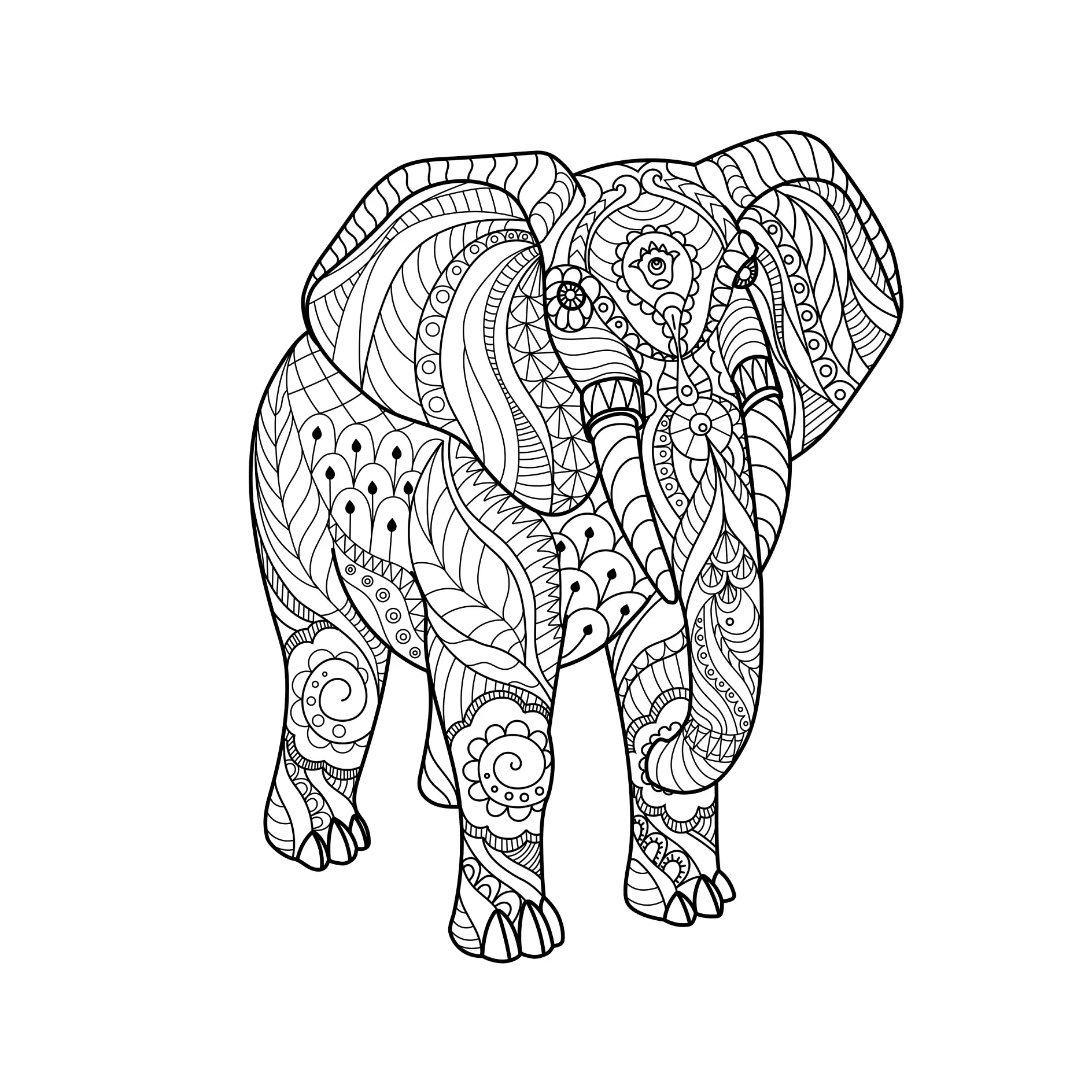 Ausmalbild Mandala Elefant mit komplexen Mustern und Verzierungen