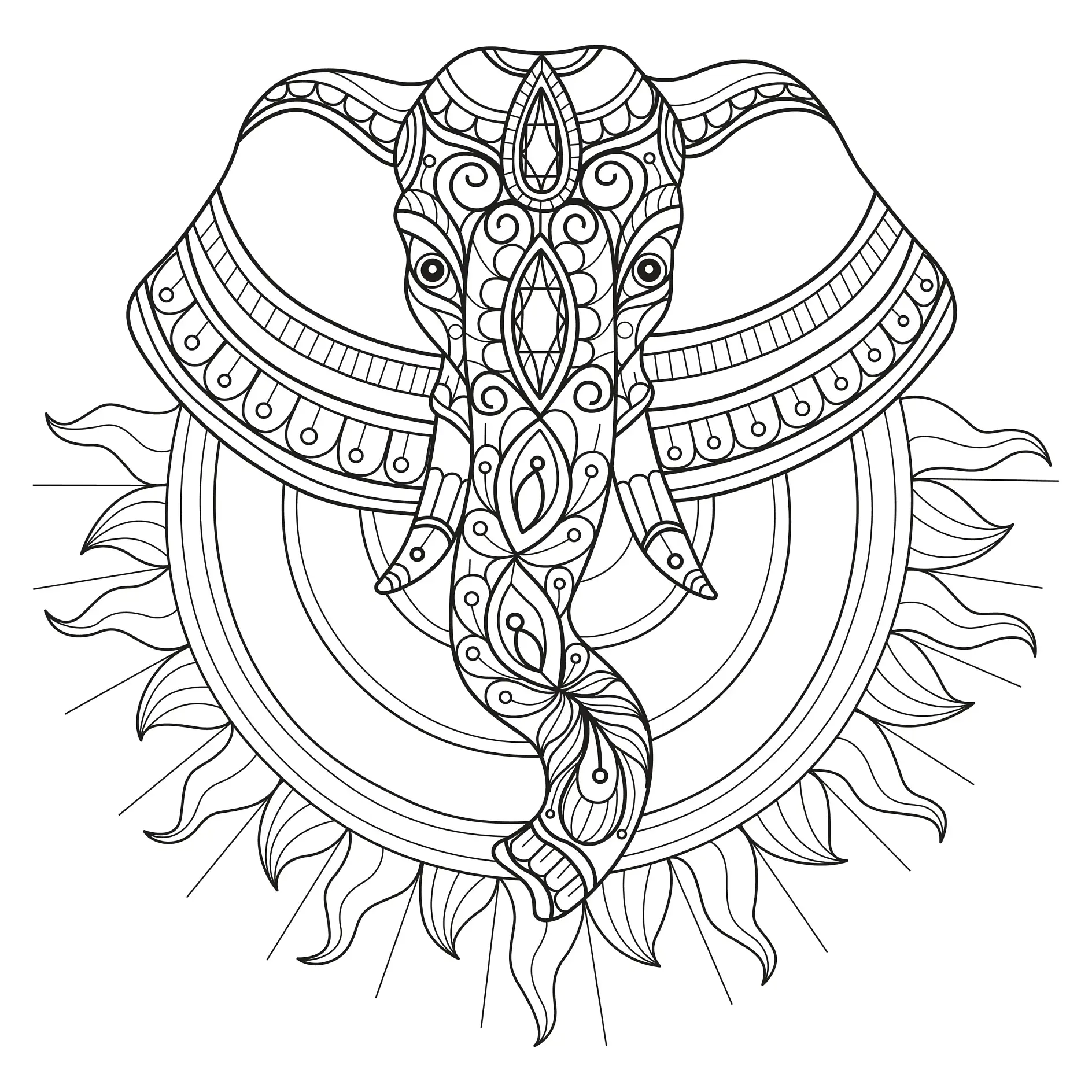 Ausmalbild Mandala Elefant mit Ornamenten und Sonnenmuster