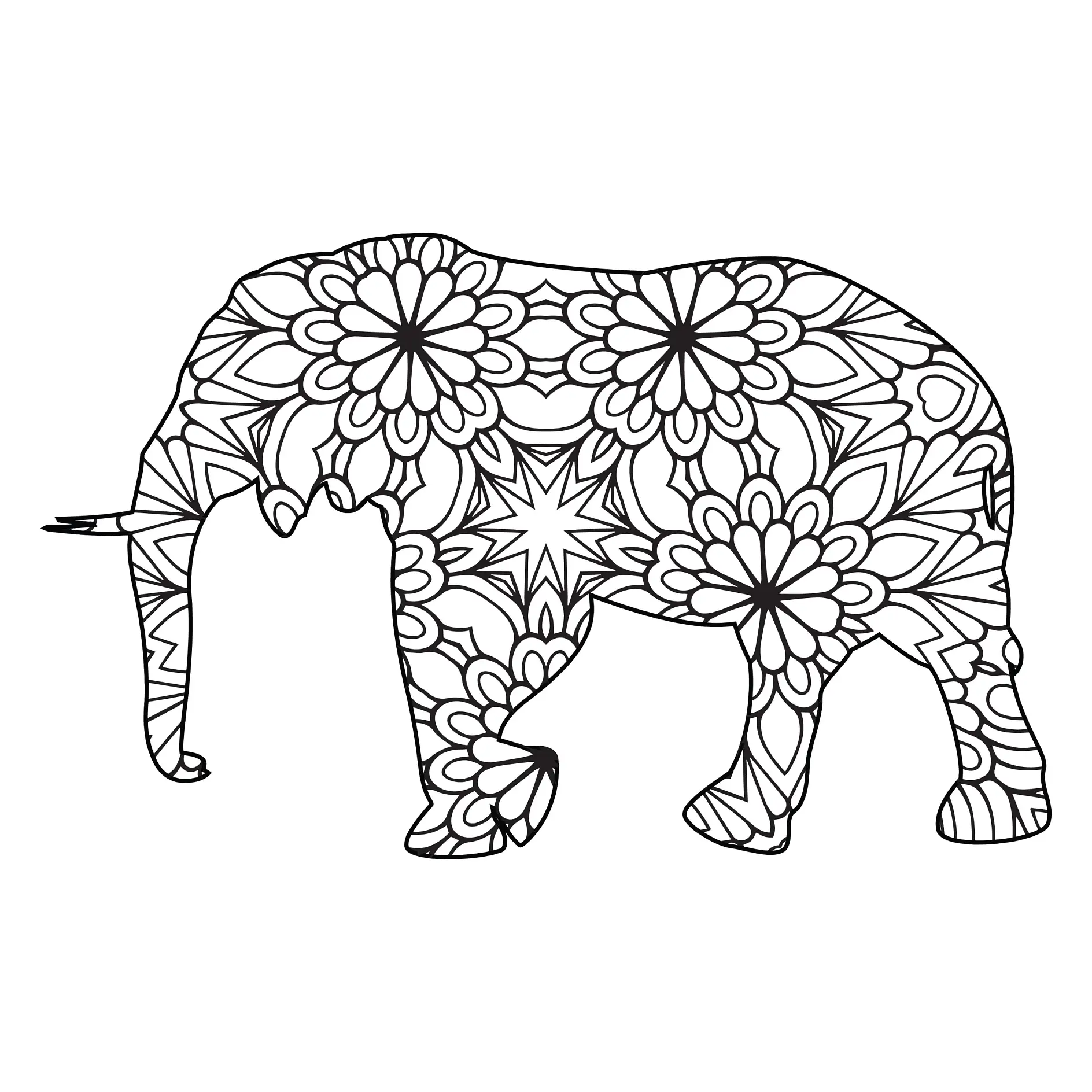 Ausmalbild Mandala Elefant mit symmetrischen Blumenmustern und klaren Linien