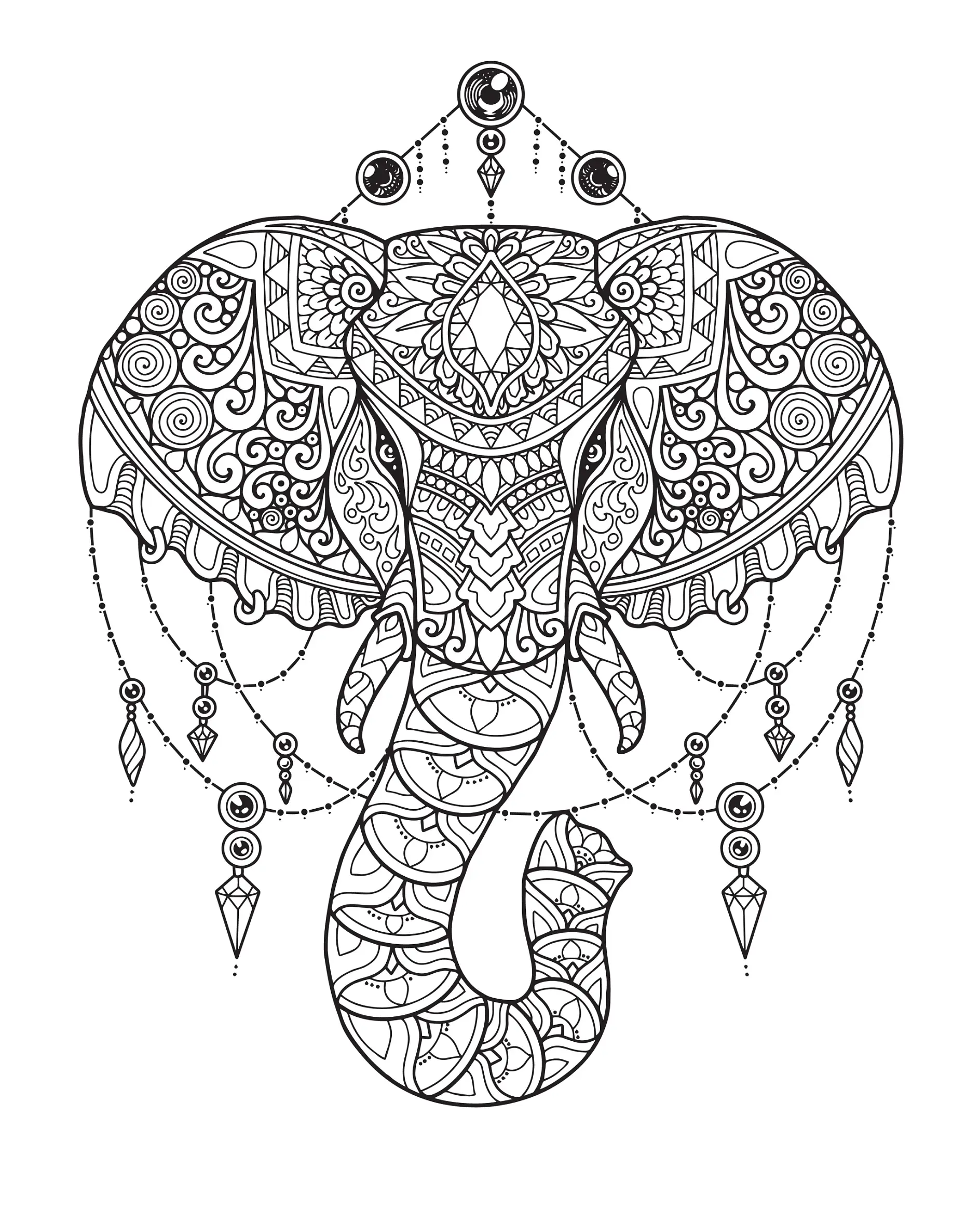 Ausmalbild Mandala Elefant mit verzierenden Schmuckelementen und komplexen Mustern