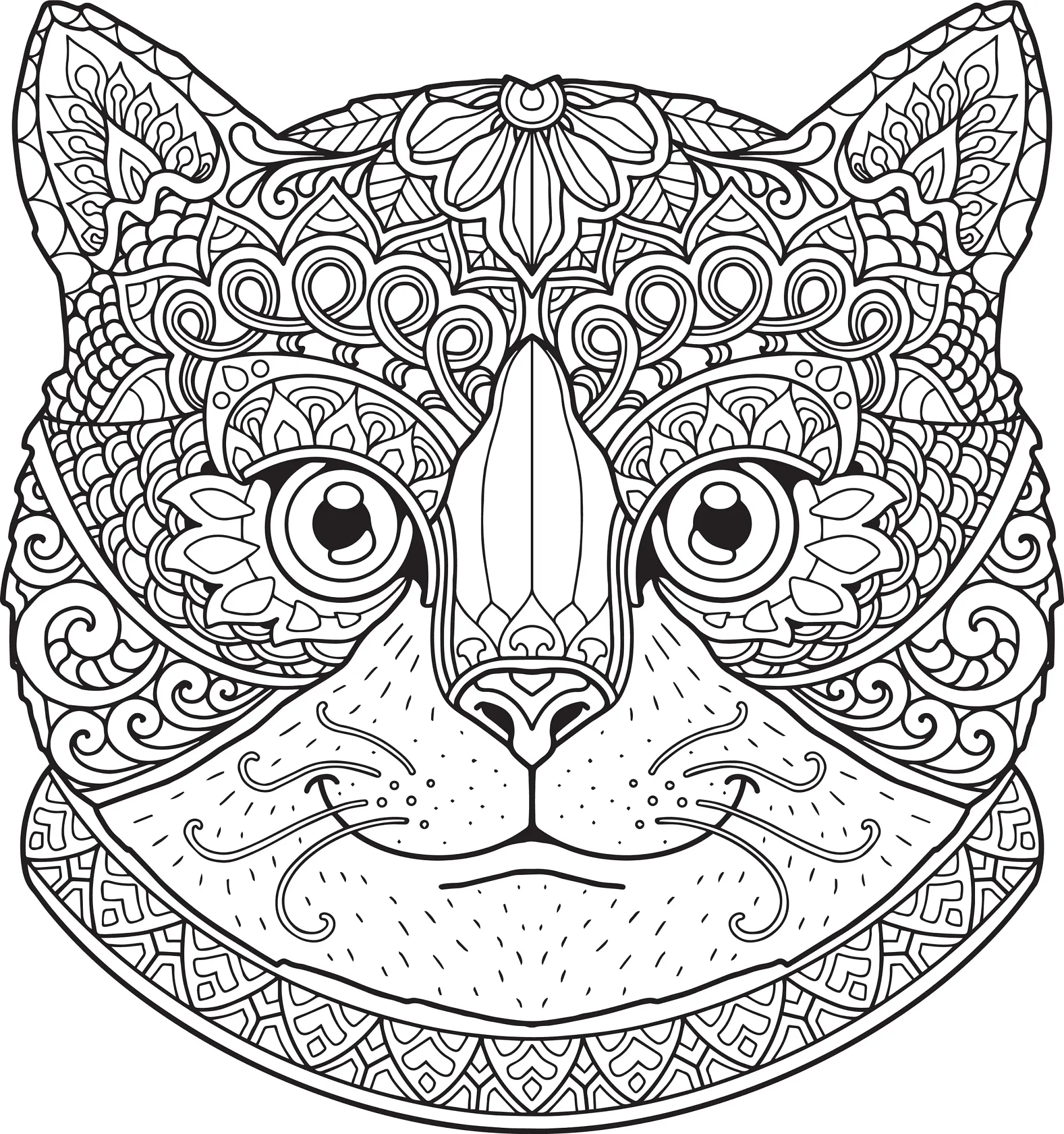 Ausmalbild Mandala Katze mit kunstvollen Mustern