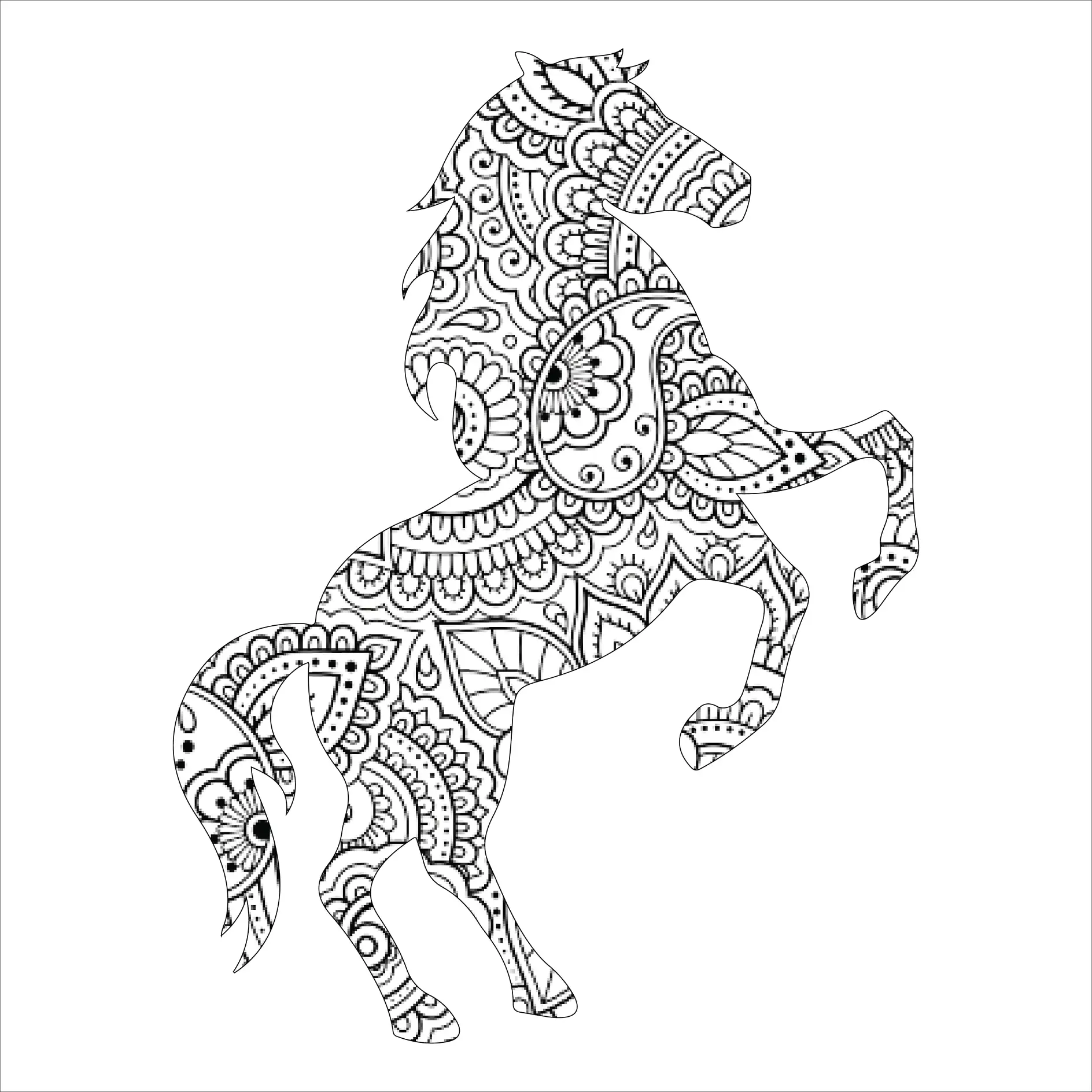 Ausmalbild Mandala mit aufbäumendem Pferd und floralen Mustern
