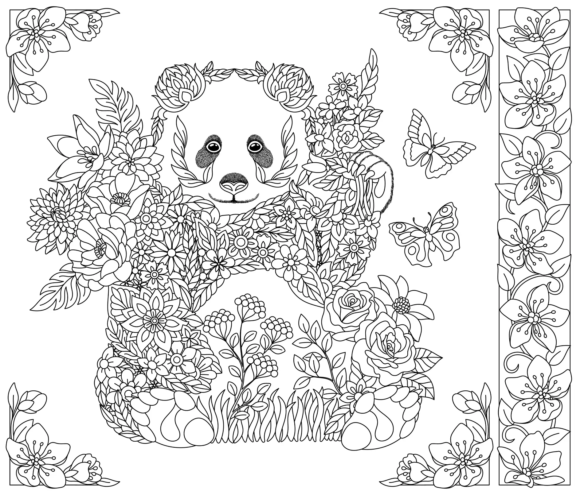 Ausmalbild Mandala mit Bär und floralen Mustern und Schmetterlingen