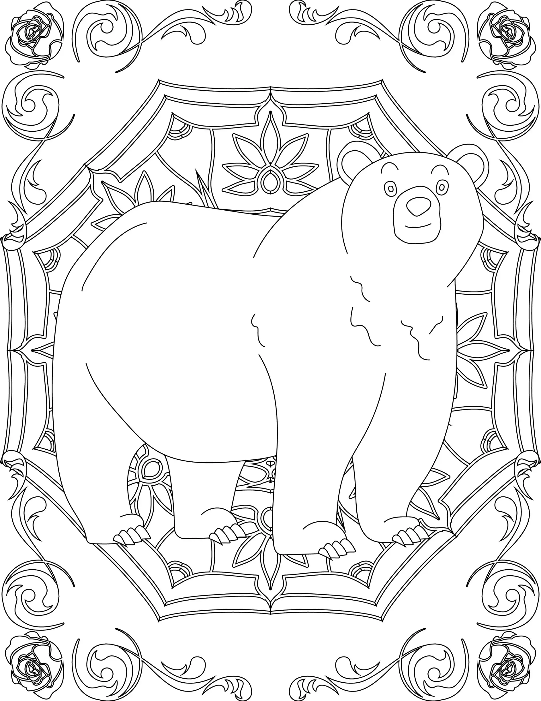 Ausmalbild Mandala mit Bär und floralen Mustern