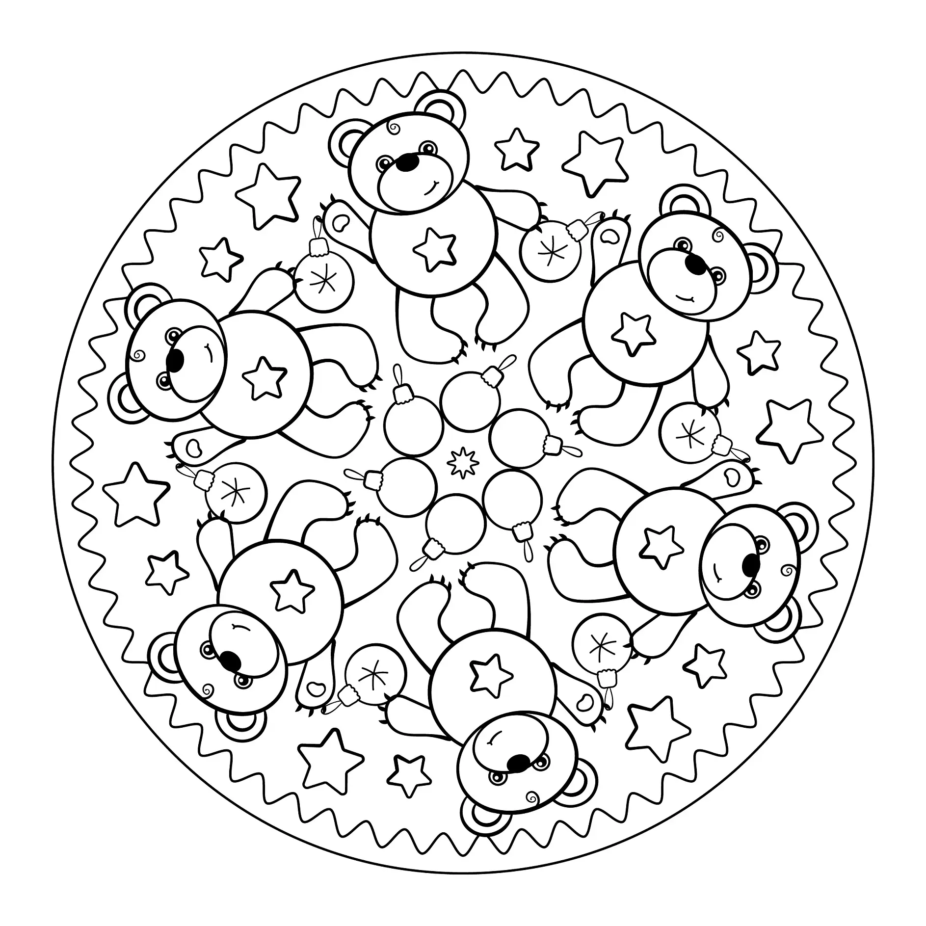 Ausmalbild Mandala mit Bären und Sternen