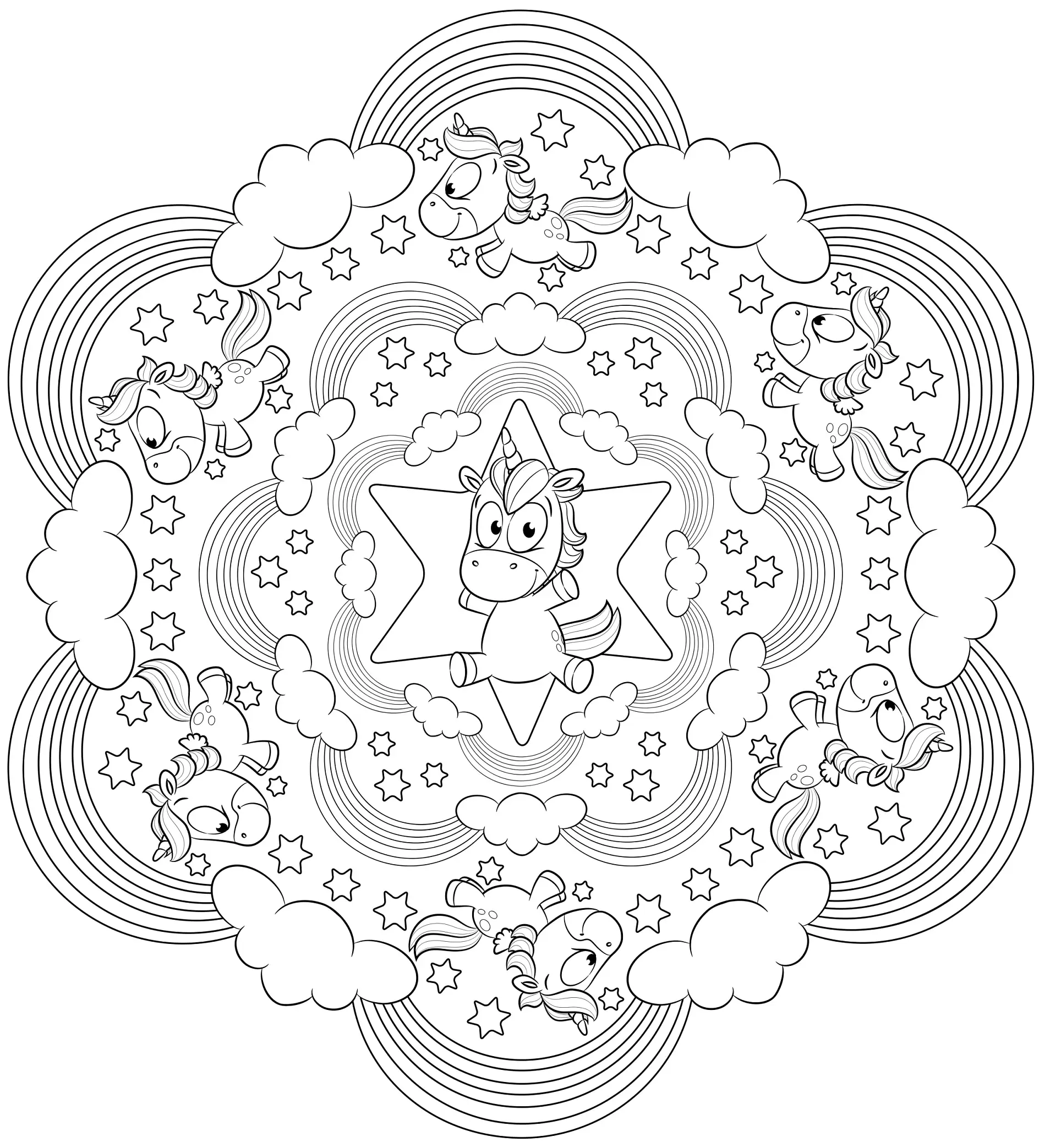Ausmalbild Mandala mit Einhörnern und Regenbögen und Sternen