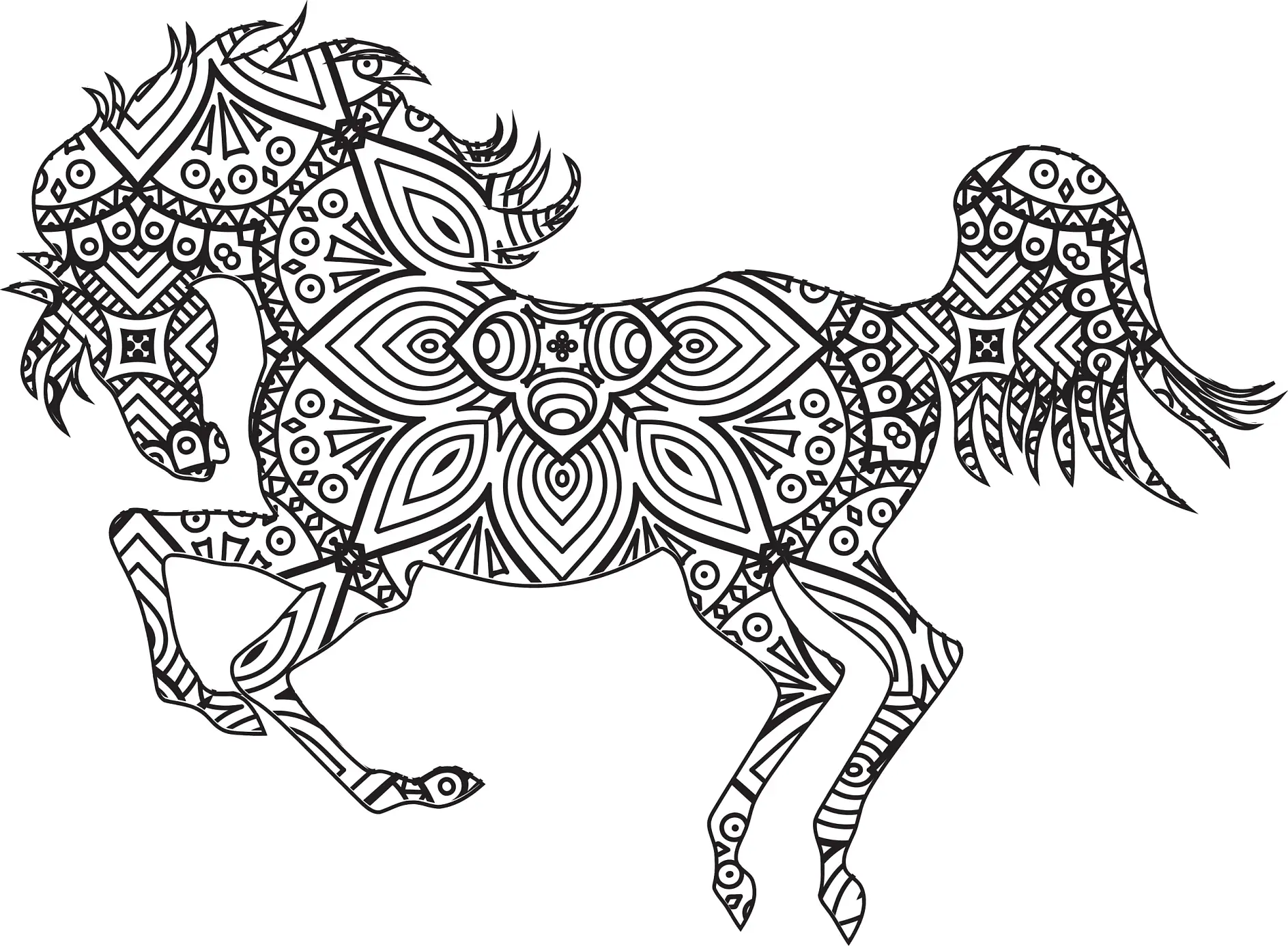 Ausmalbild Mandala mit galoppierendem Pferd und geometrischen Mustern