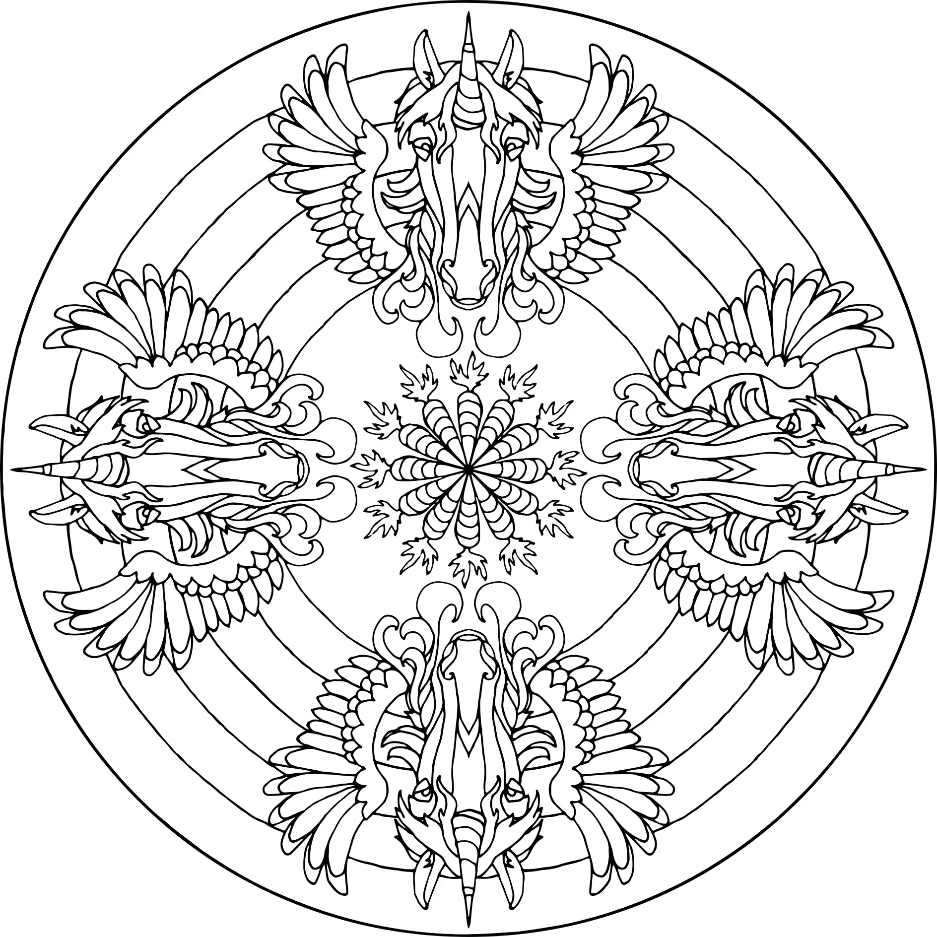 Ausmalbild Mandala mit geflügelten Einhörnern und Ornamenten