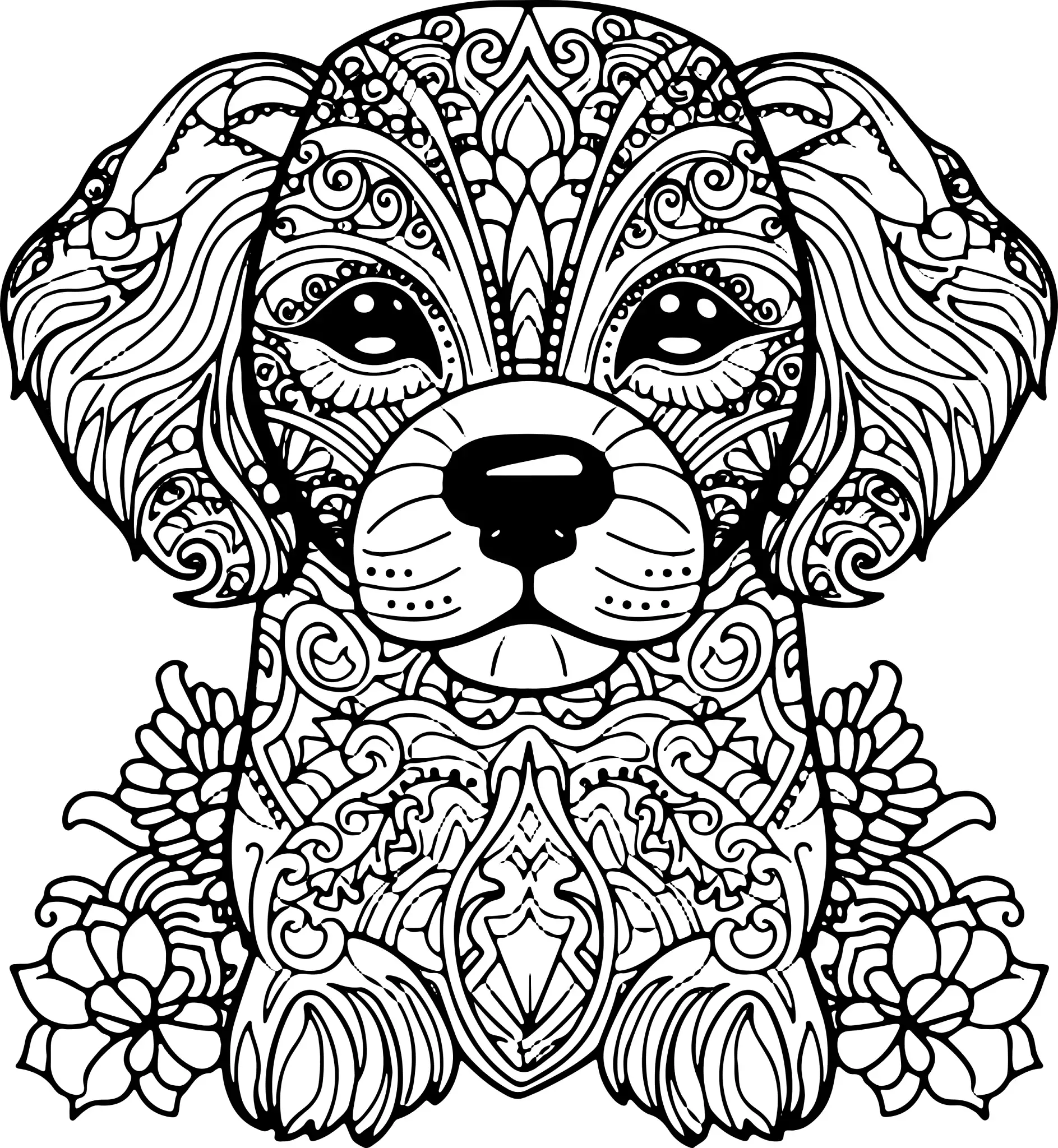 Ausmalbild Mandala mit Hund und aufwendigen floralen Mustern und Details