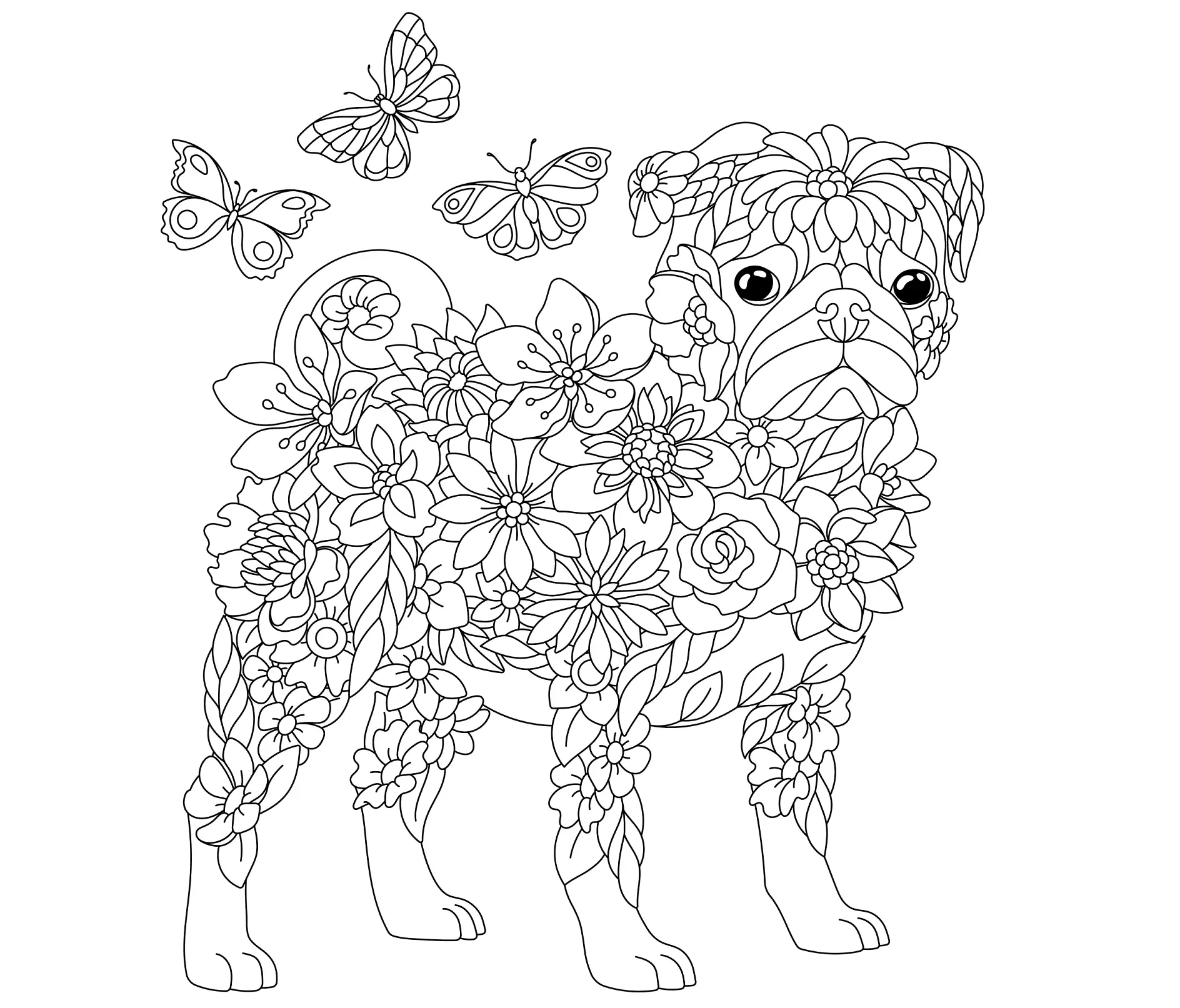 Ausmalbild Mandala mit Hund und Blumen und Schmetterlingen