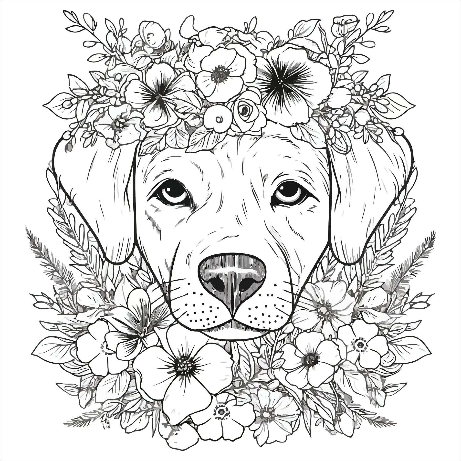 Ausmalbild Mandala mit Hund und Blumenkranz